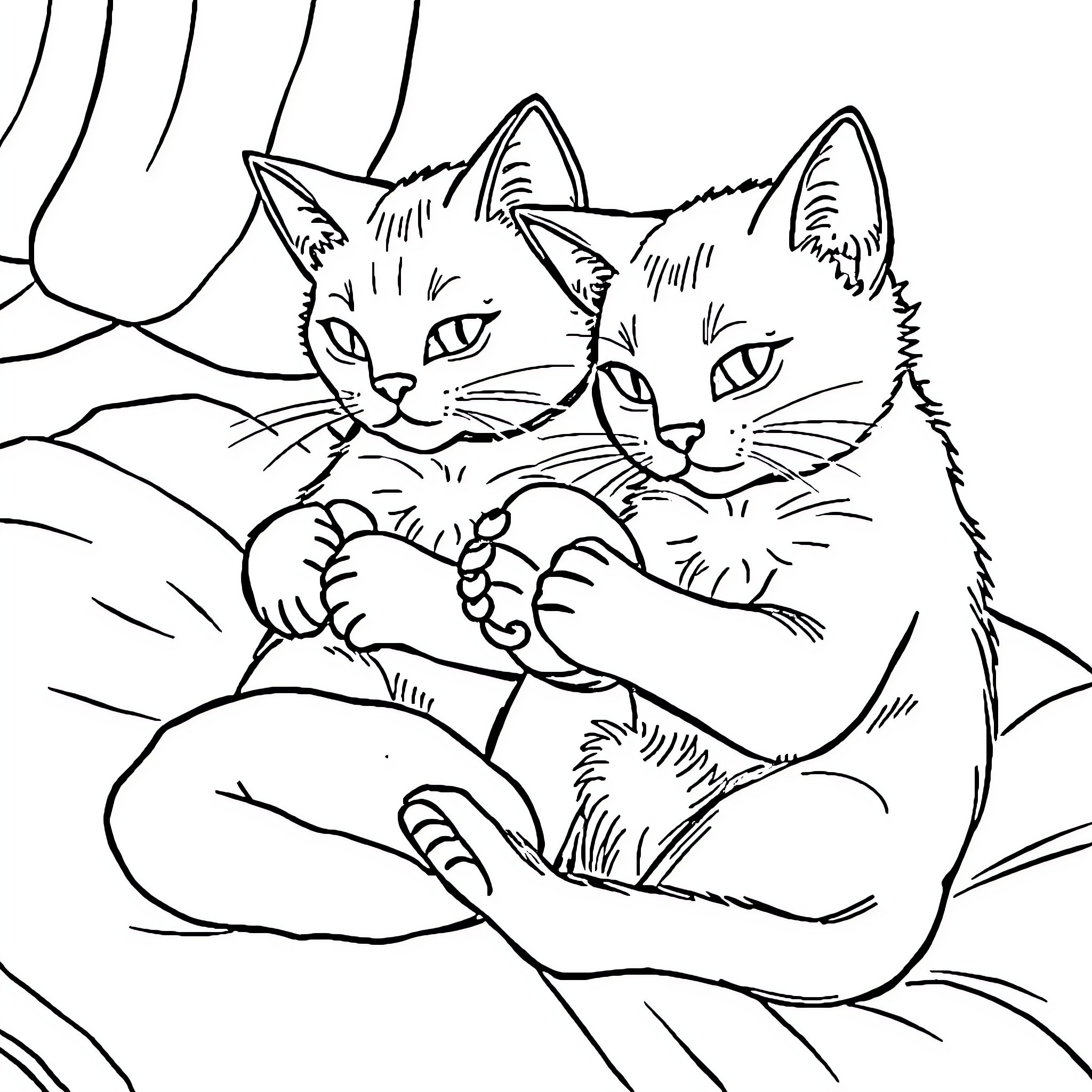 Cats Relaxing Cozily Together Coloring Page (free black-and-white line drawing printable PDF for all, from beginners to advanced learners, including children, teens, adults, and seniors)