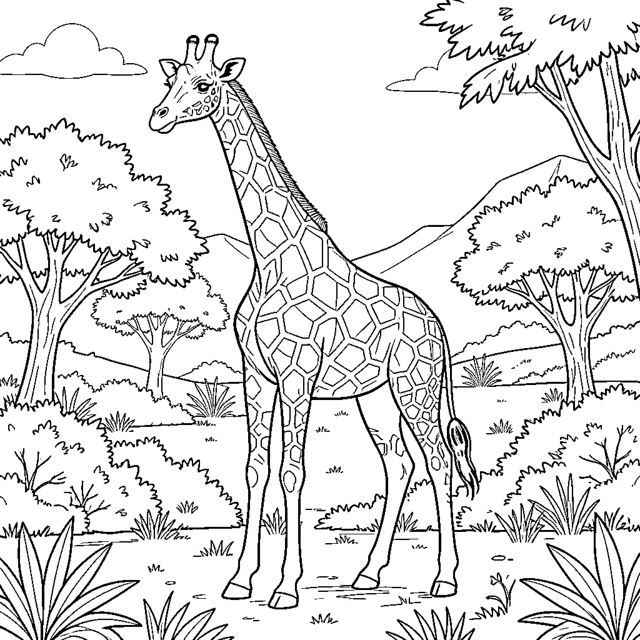 Giraffe standing peacefully in a wild savanna landscape Coloring Page (free black-and-white line drawing printable PDF for all, from beginners to advanced learners, including children, teens, adults, and seniors)
