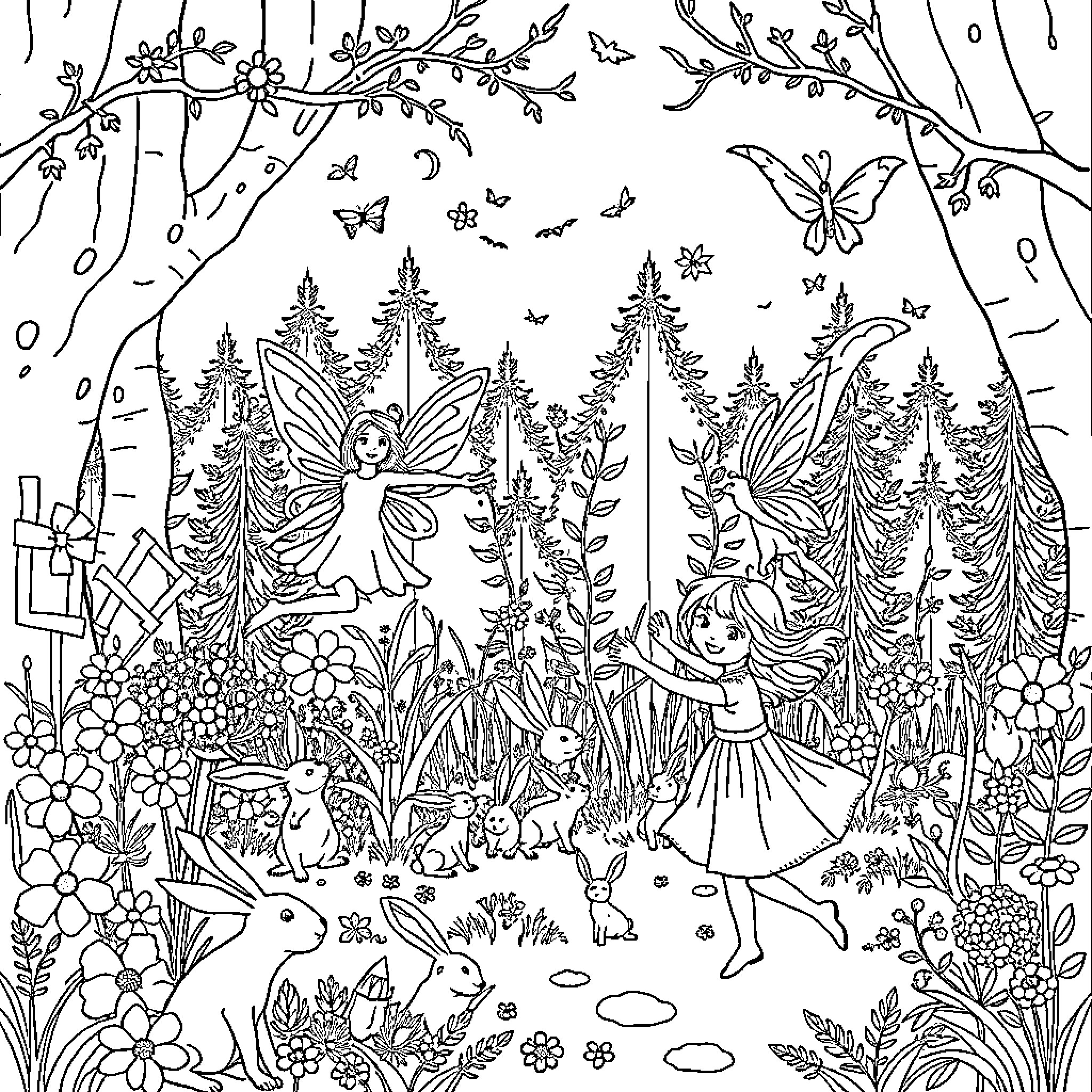 Fairy Friends in the Enchanted Forest Coloring Page (free black-and-white line drawing printable PDF for all, from beginners to advanced learners, including children, teens, adults, and seniors)