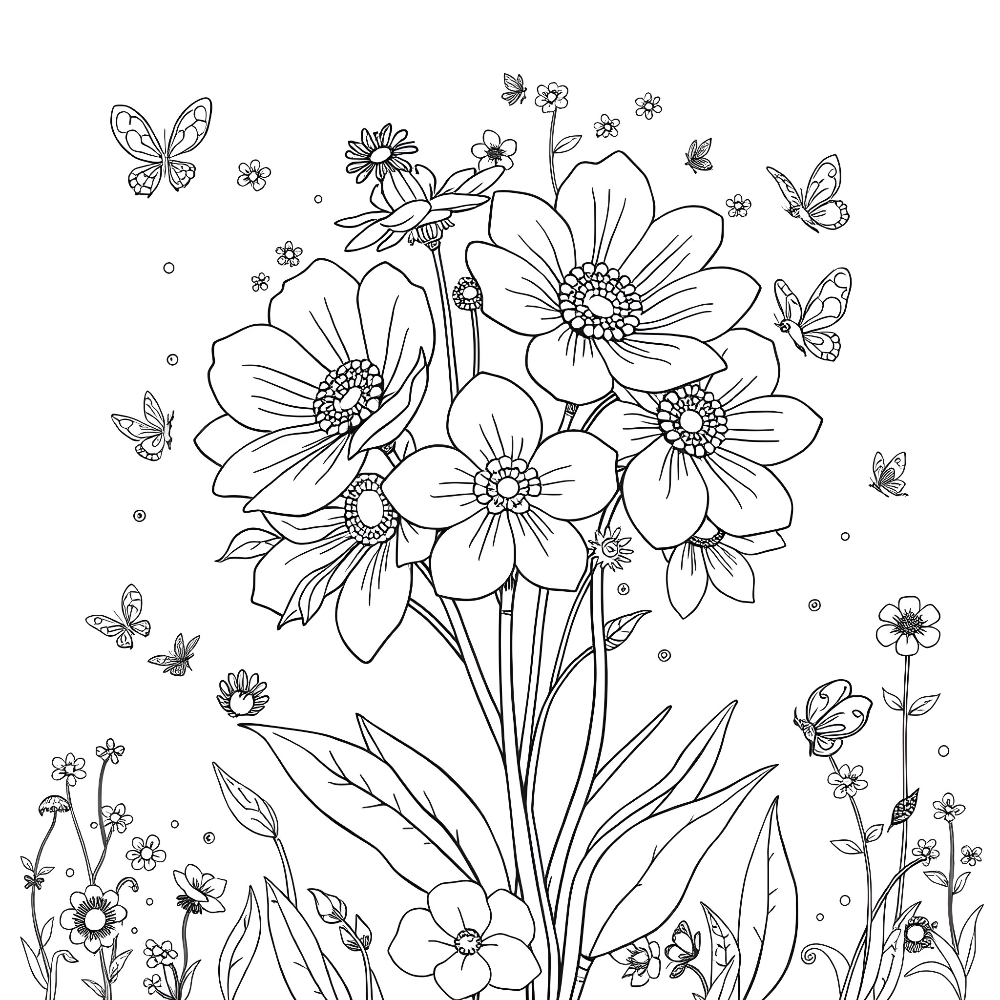 Flower Bouquet with Butterflies Coloring Page (free black-and-white line drawing printable PDF for all, from beginners to advanced learners, including children, teens, adults, and seniors)