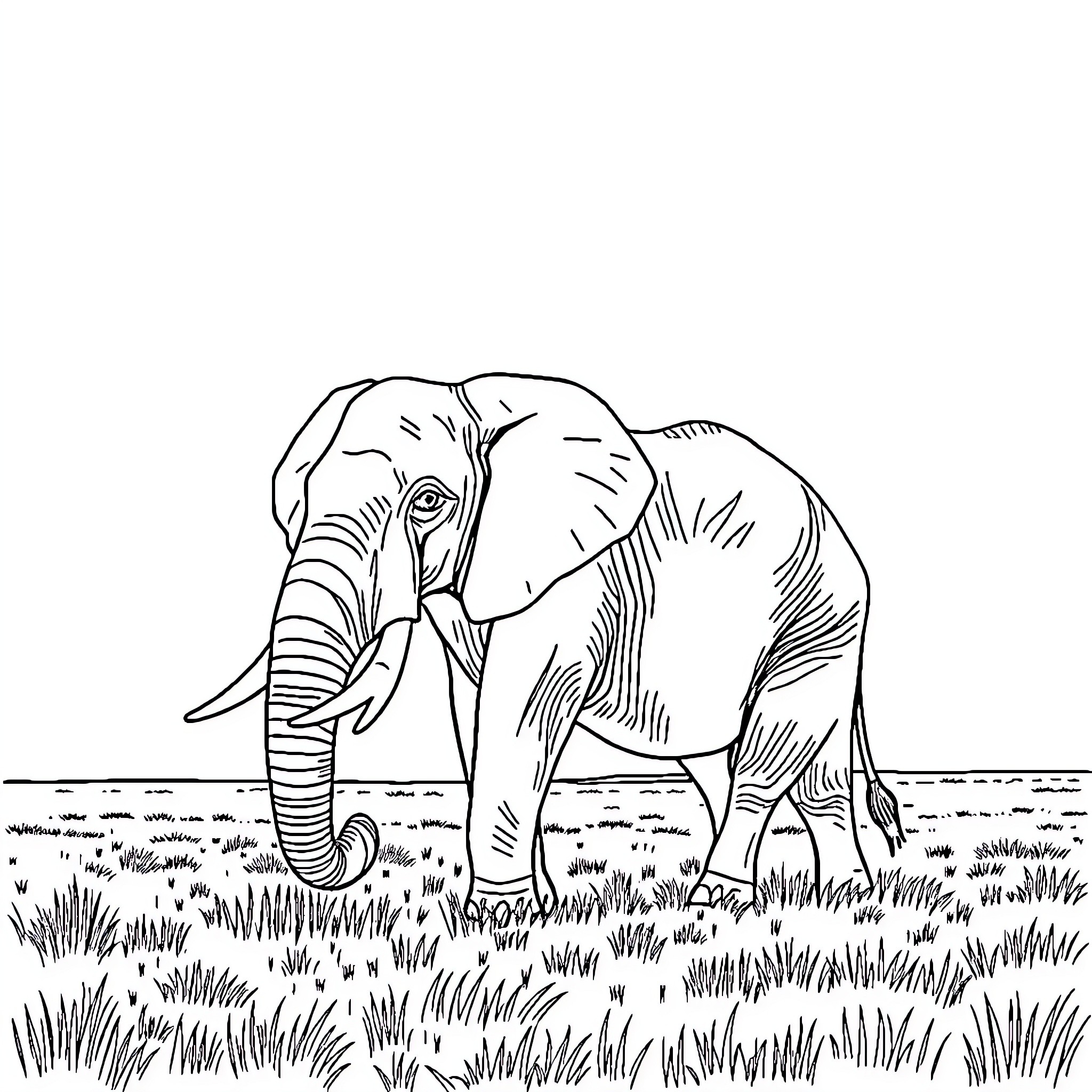 Elephant walking through the grasslands Coloring Page (free black-and-white line drawing printable PDF for all, from beginners to advanced learners, including children, teens, adults, and seniors)