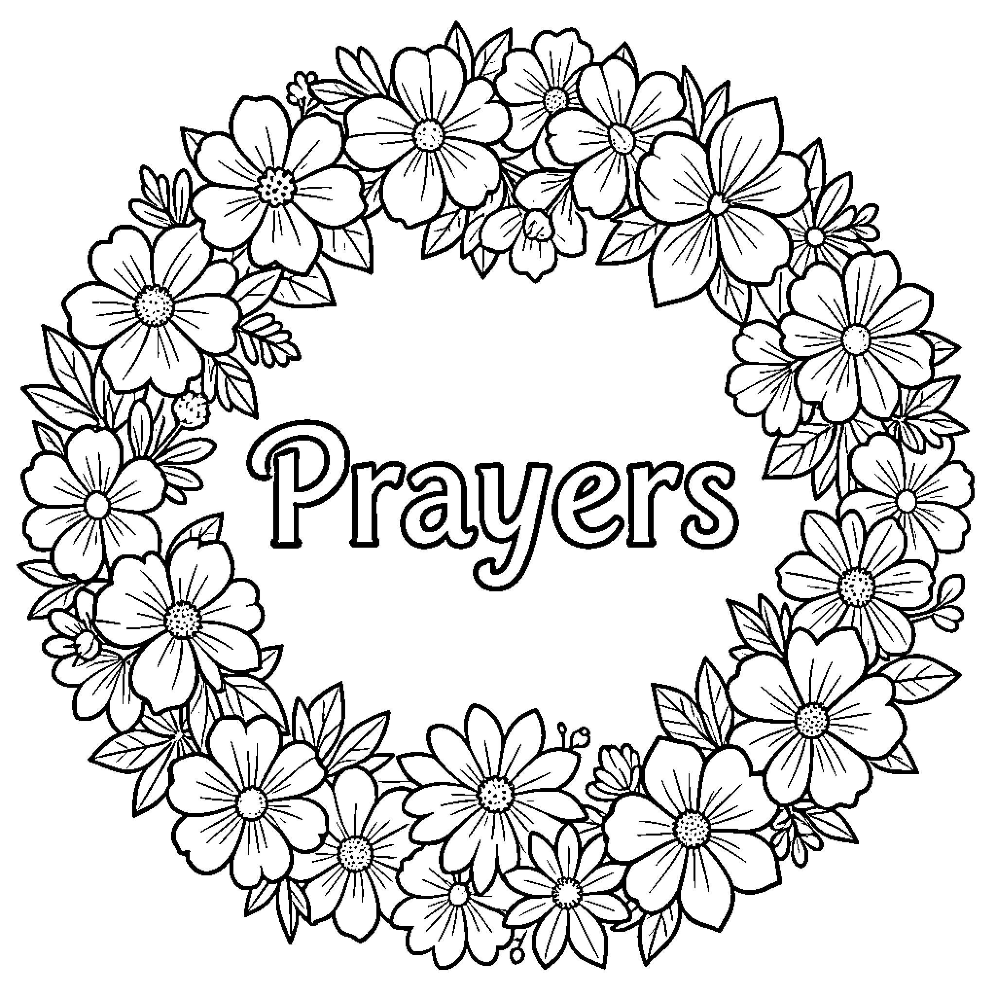 Prayer themed floral wreath with decorative lettering Coloring Page (free black-and-white line drawing printable PDF for all, from beginners to advanced learners, including children, teens, adults, and seniors)