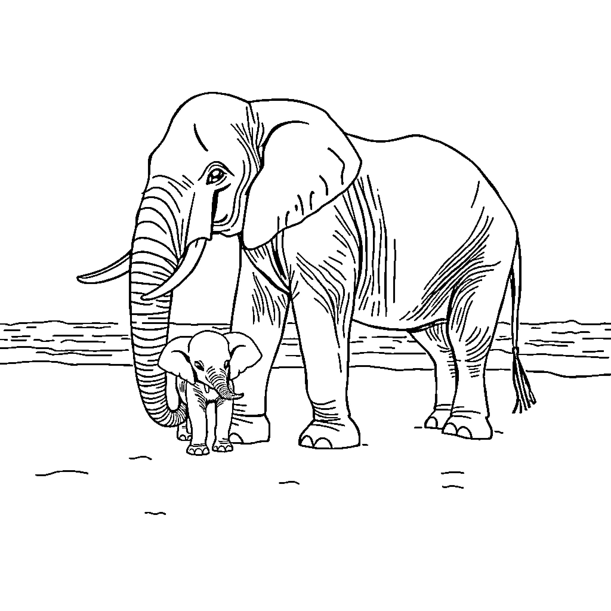 Elephant mother protecting her calf Coloring Page (free black-and-white line drawing printable PDF for all, from beginners to advanced learners, including children, teens, adults, and seniors)
