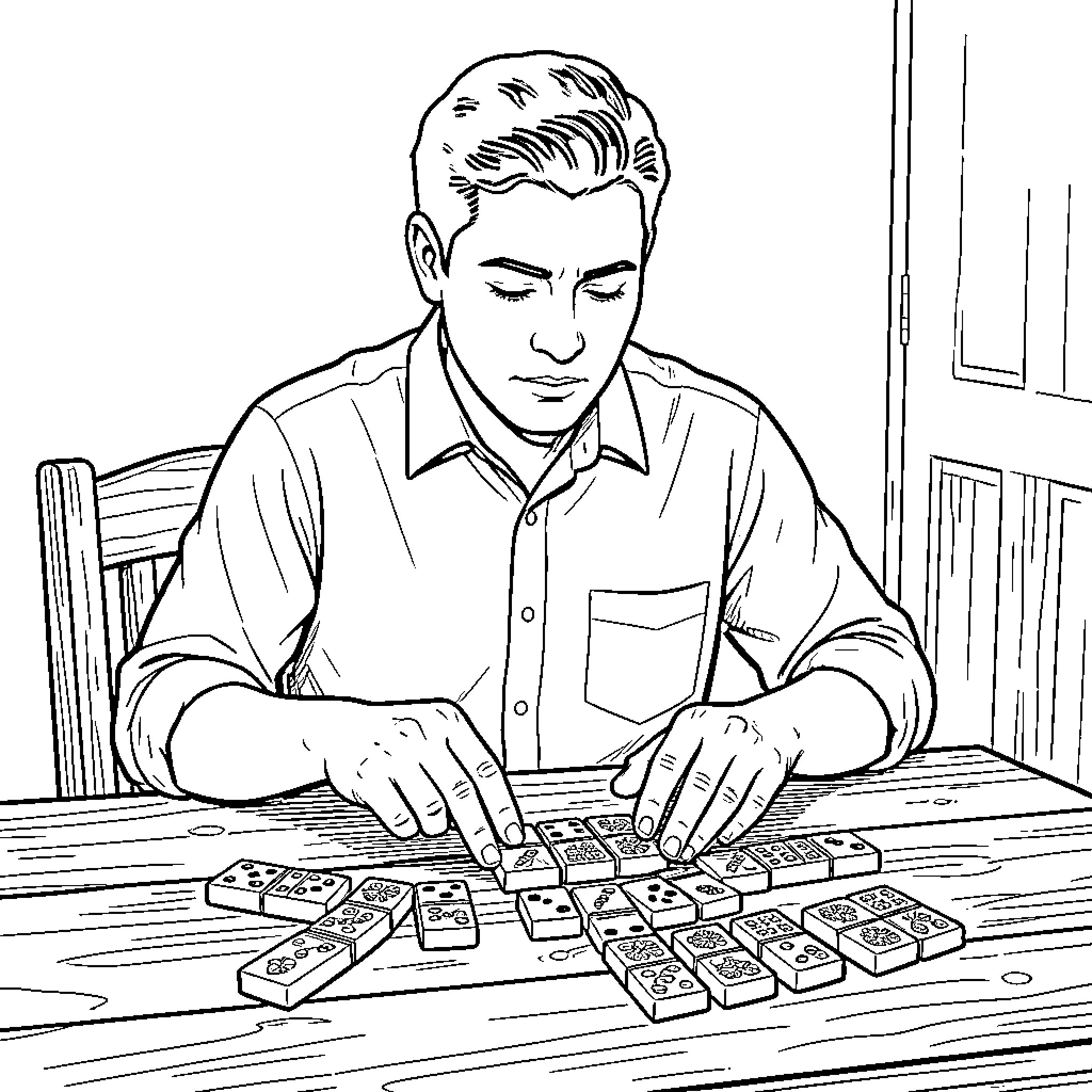 Man playing a board game intently Coloring Page (free black-and-white line drawing printable PDF for all, from beginners to advanced learners, including children, teens, adults, and seniors)
