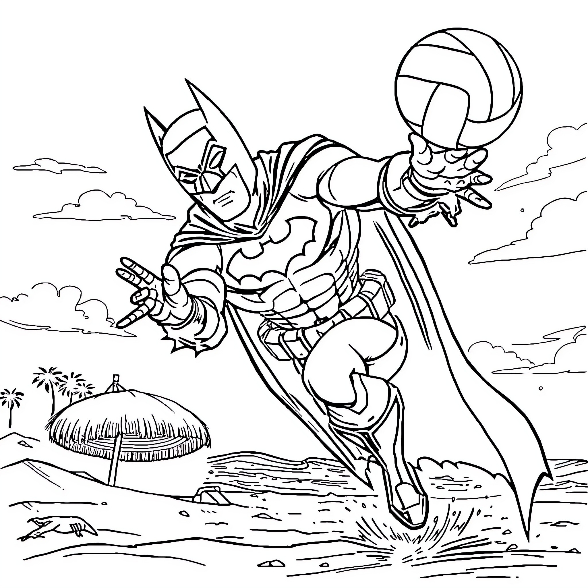 Batman soaring with volleyball in tropical setting Coloring Page (free black-and-white line drawing printable PDF for all, from beginners to advanced learners, including children, teens, adults, and seniors)