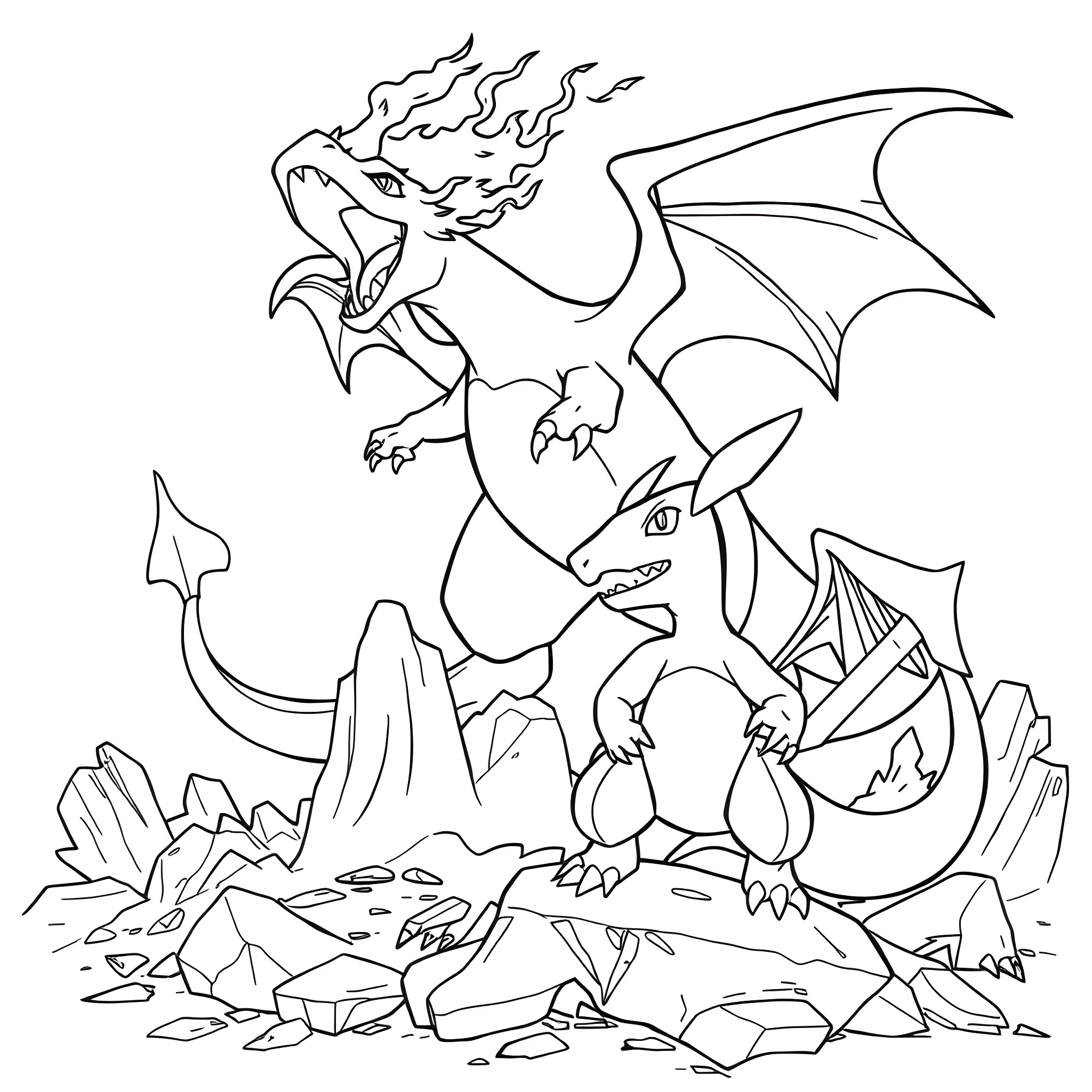 Charizard in Fierce Battle with Other Pokémon Coloring Page (free black-and-white line drawing printable PDF for all, from beginners to advanced learners, including children, teens, adults, and seniors)
