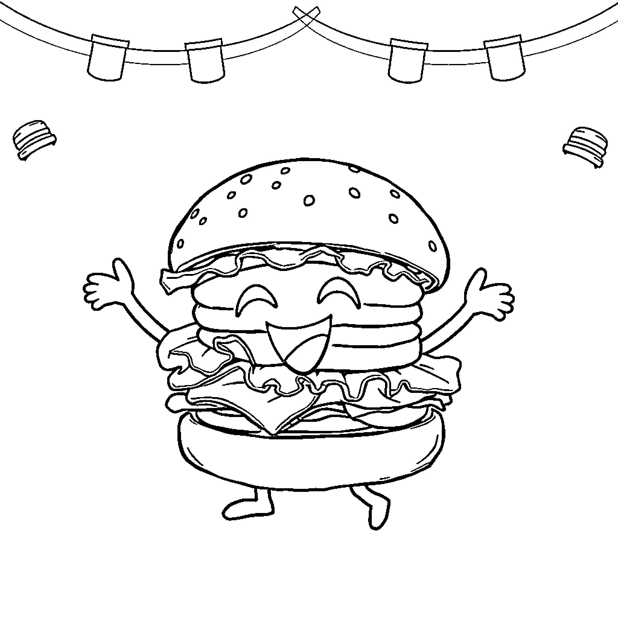 Cheeseburger character having fun under party lights Coloring Page (free black-and-white line drawing printable PDF for all, from beginners to advanced learners, including children, teens, adults, and seniors)