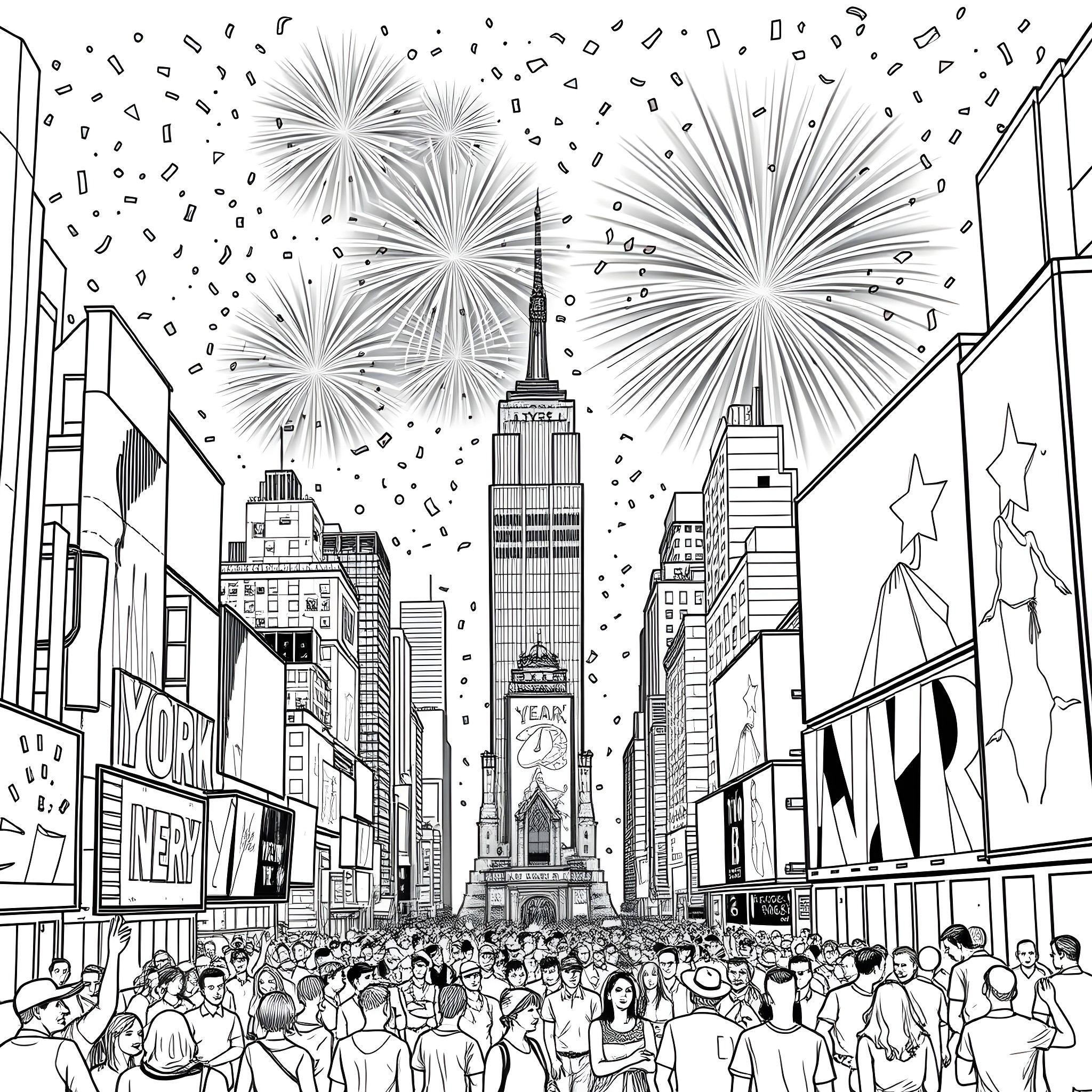 New Year's Eve Celebrations in the City Coloring Page (free black-and-white line drawing printable PDF for all, from beginners to advanced learners, including children, teens, adults, and seniors)