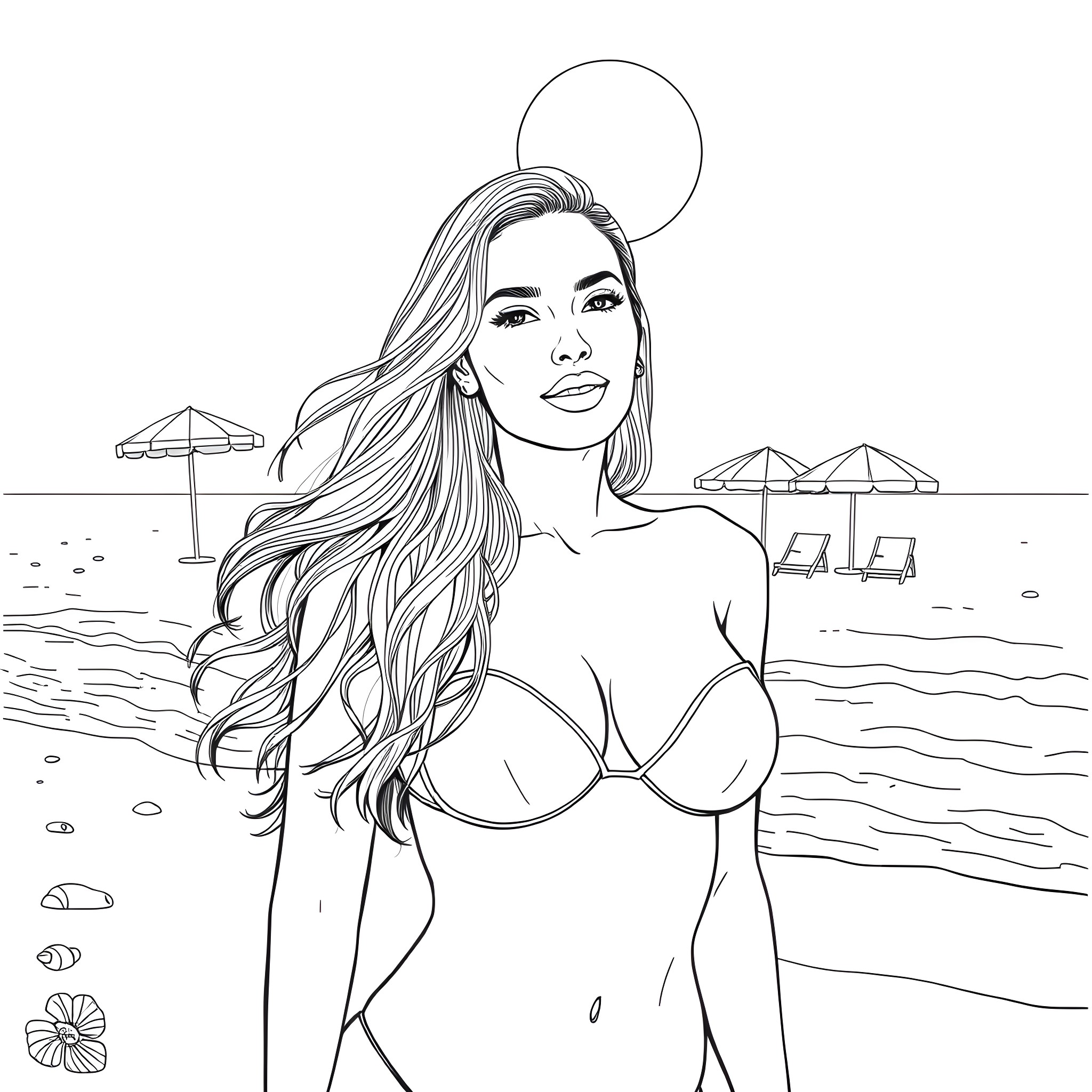 Megan Fox posing confidently on the beach Coloring Page (free black-and-white line drawing printable PDF for all, from beginners to advanced learners, including children, teens, adults, and seniors)