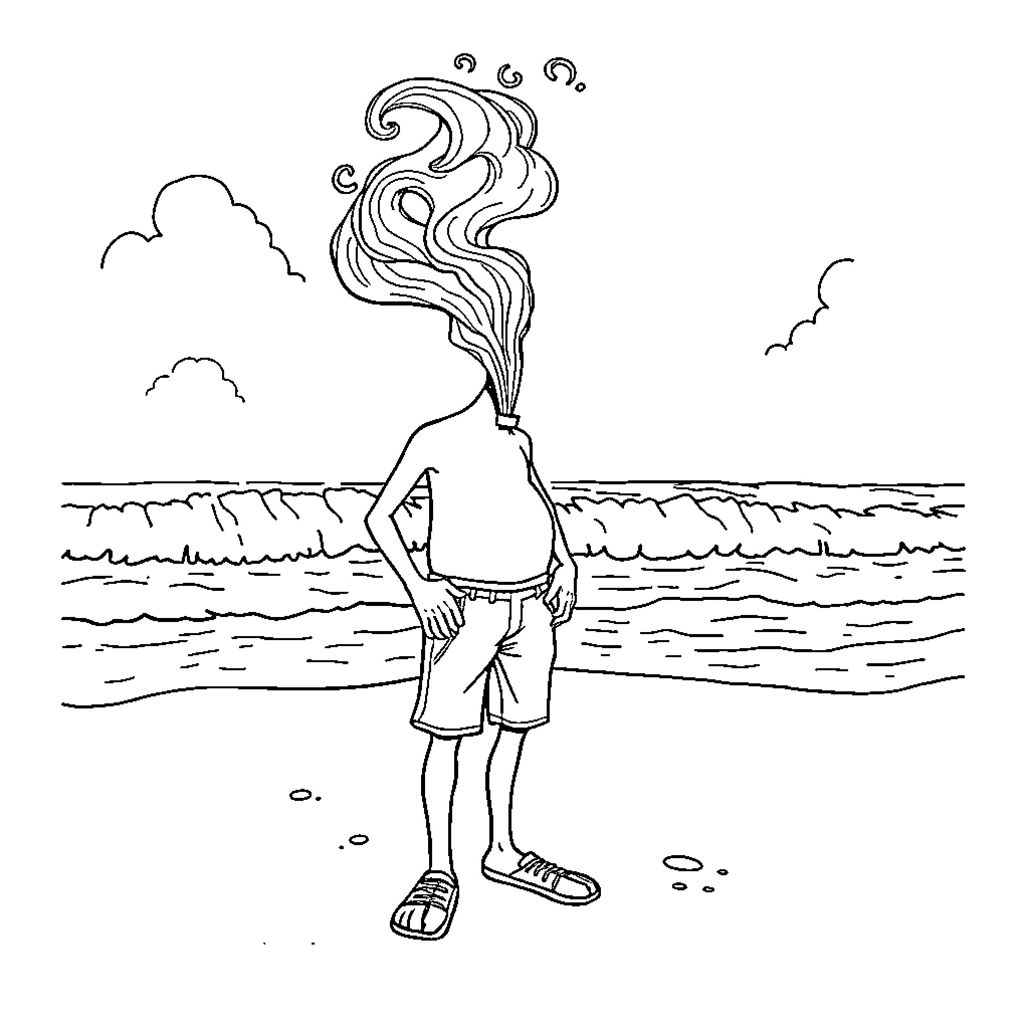 Pop Smoke Enjoying Peaceful Coastal Scenery Coloring Page (free black-and-white line drawing printable PDF for all, from beginners to advanced learners, including children, teens, adults, and seniors)
