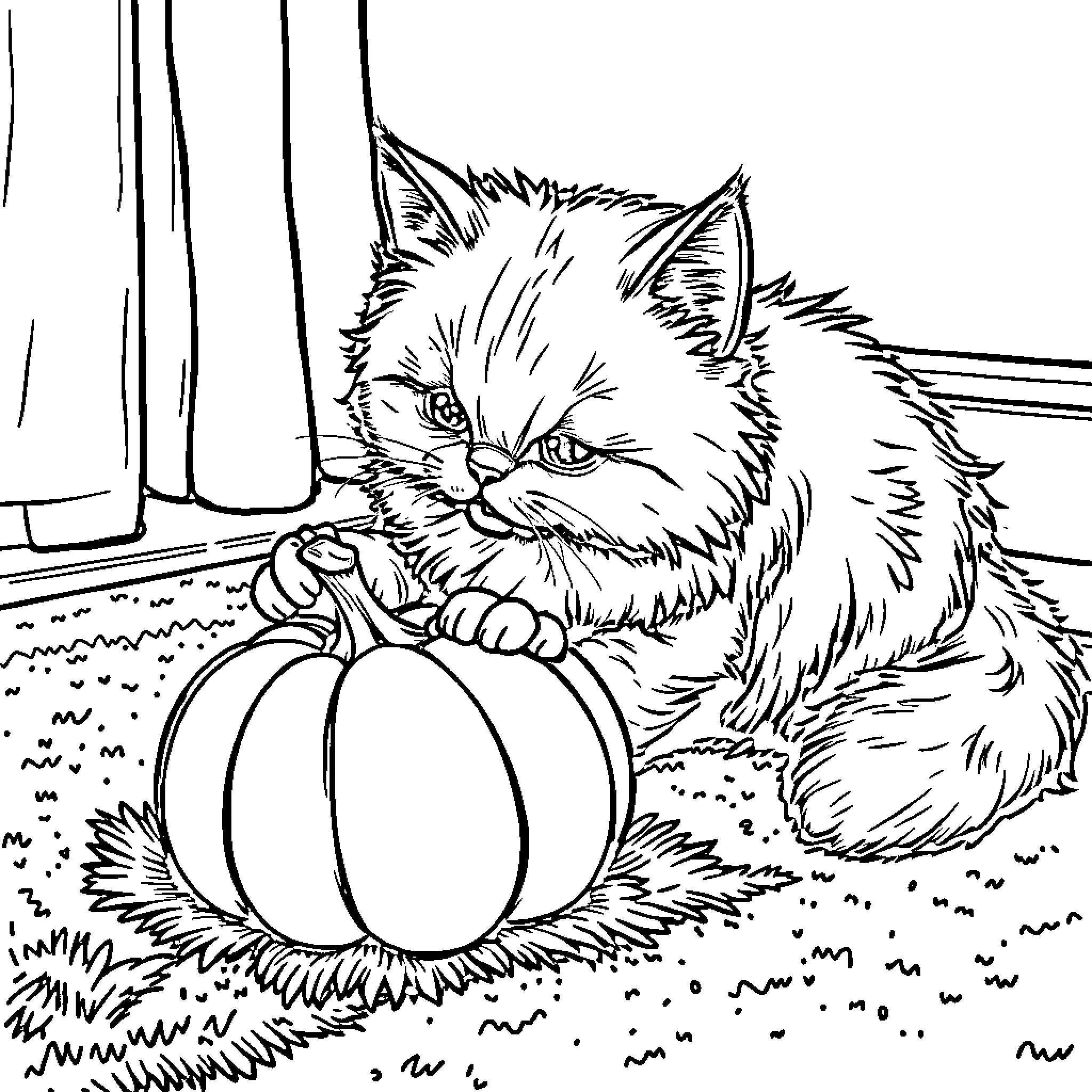 Persian Cat playing with pumpkin on floor Coloring Page (free black-and-white line drawing printable PDF for all, from beginners to advanced learners, including children, teens, adults, and seniors)