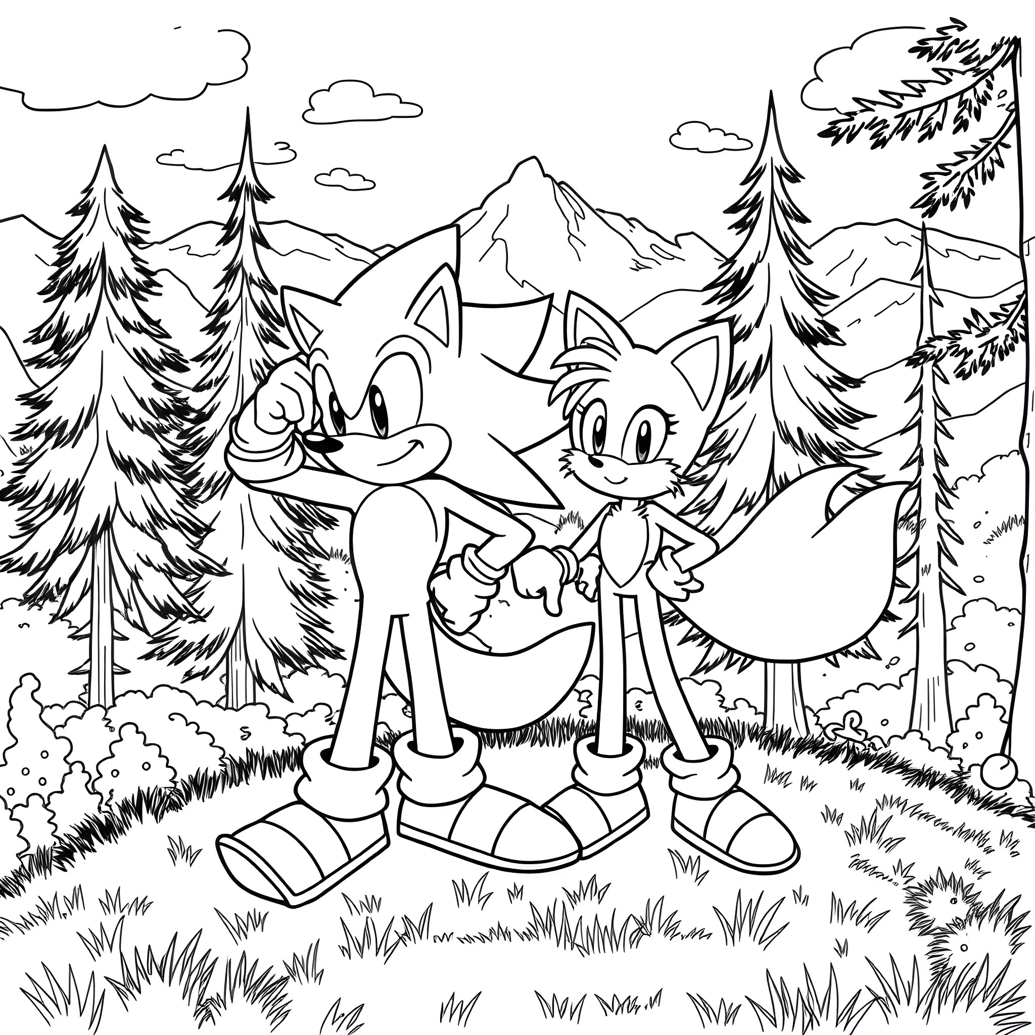 Sonic and friends exploring the forest Coloring Page (free black-and-white line drawing printable PDF for all, from beginners to advanced learners, including children, teens, adults, and seniors)