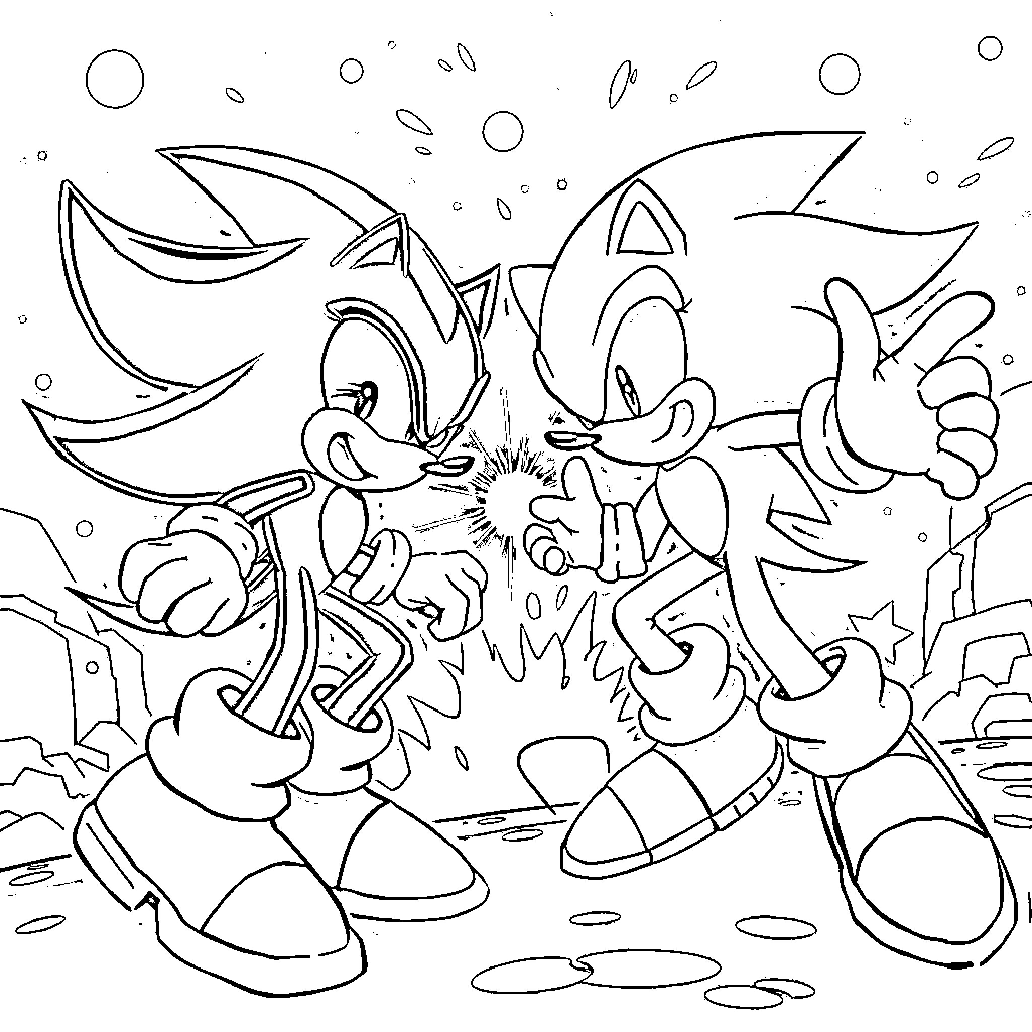 Sonic and friends in a lively outdoor scene Coloring Page (free black-and-white line drawing printable PDF for all, from beginners to advanced learners, including children, teens, adults, and seniors)