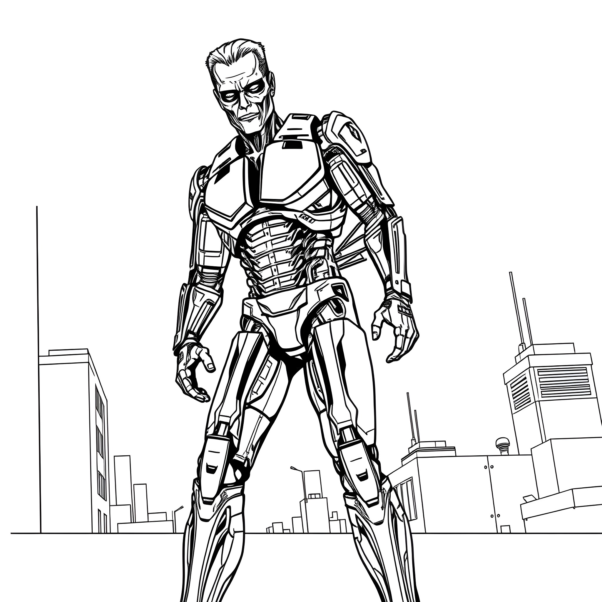 Dare Cyborg Superhero in the City Coloring Page (free black-and-white line drawing printable PDF for all, from beginners to advanced learners, including children, teens, adults, and seniors)