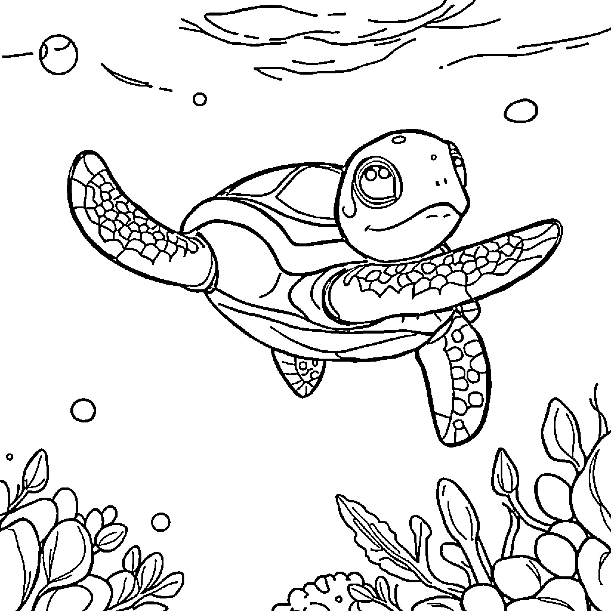 Squirtle swimming happily in the ocean Coloring Page (free black-and-white line drawing printable PDF for all, from beginners to advanced learners, including children, teens, adults, and seniors)