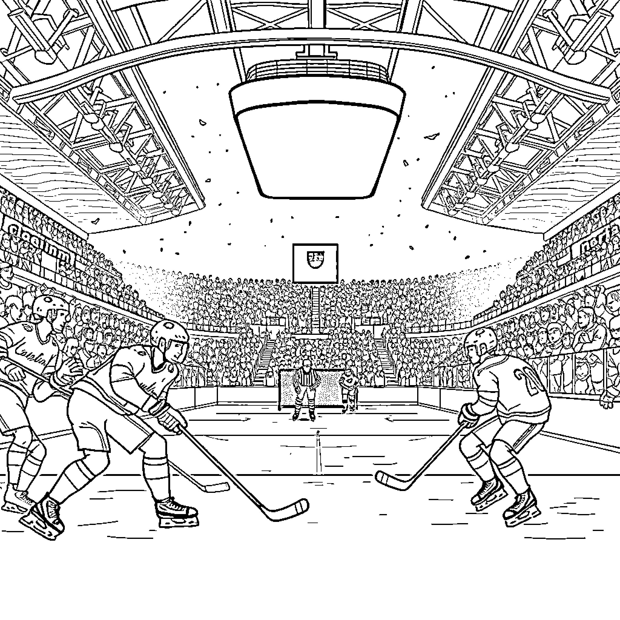 Hockey Players in an Ice Hockey Arena Coloring Page (free black-and-white line drawing printable PDF for all, from beginners to advanced learners, including children, teens, adults, and seniors)