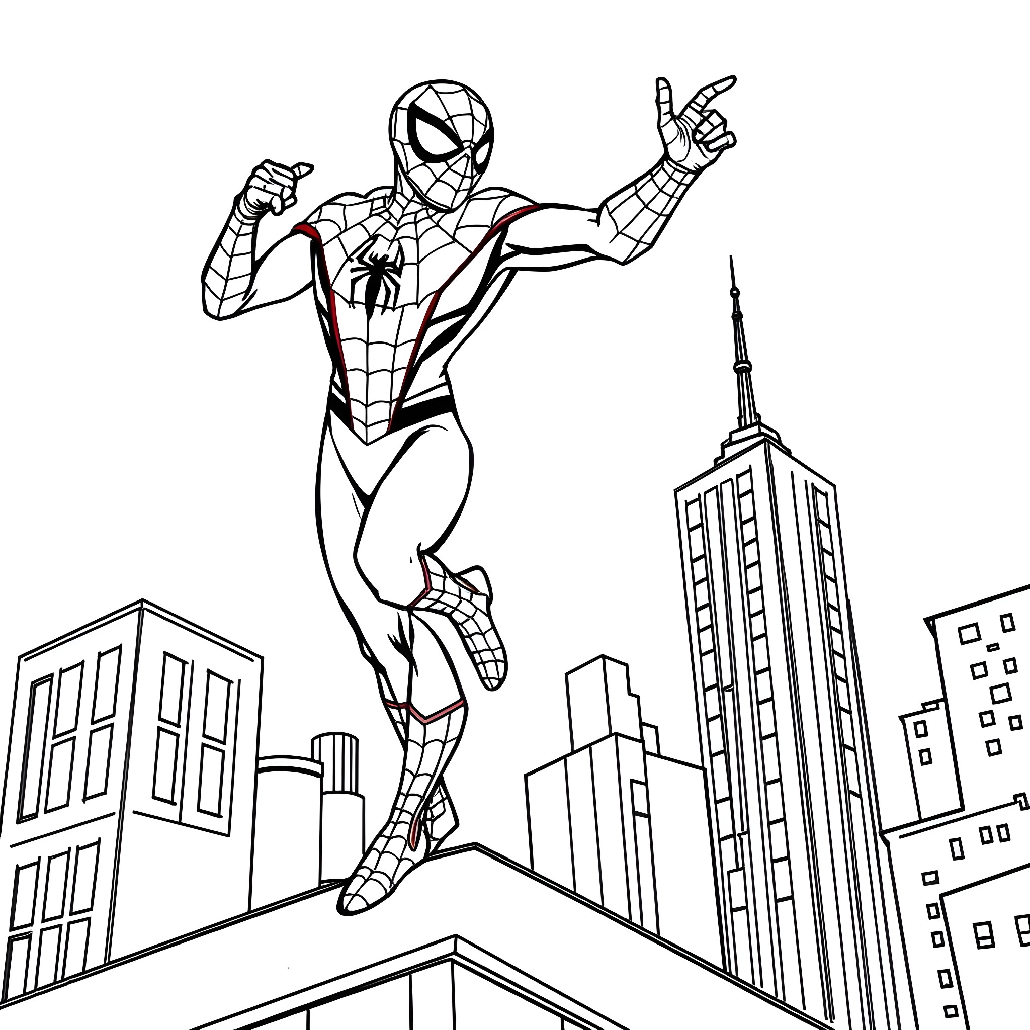 Spider-Man heroically swinging through the city skyline Coloring Page (free black-and-white line drawing printable PDF for all, from beginners to advanced learners, including children, teens, adults, and seniors)