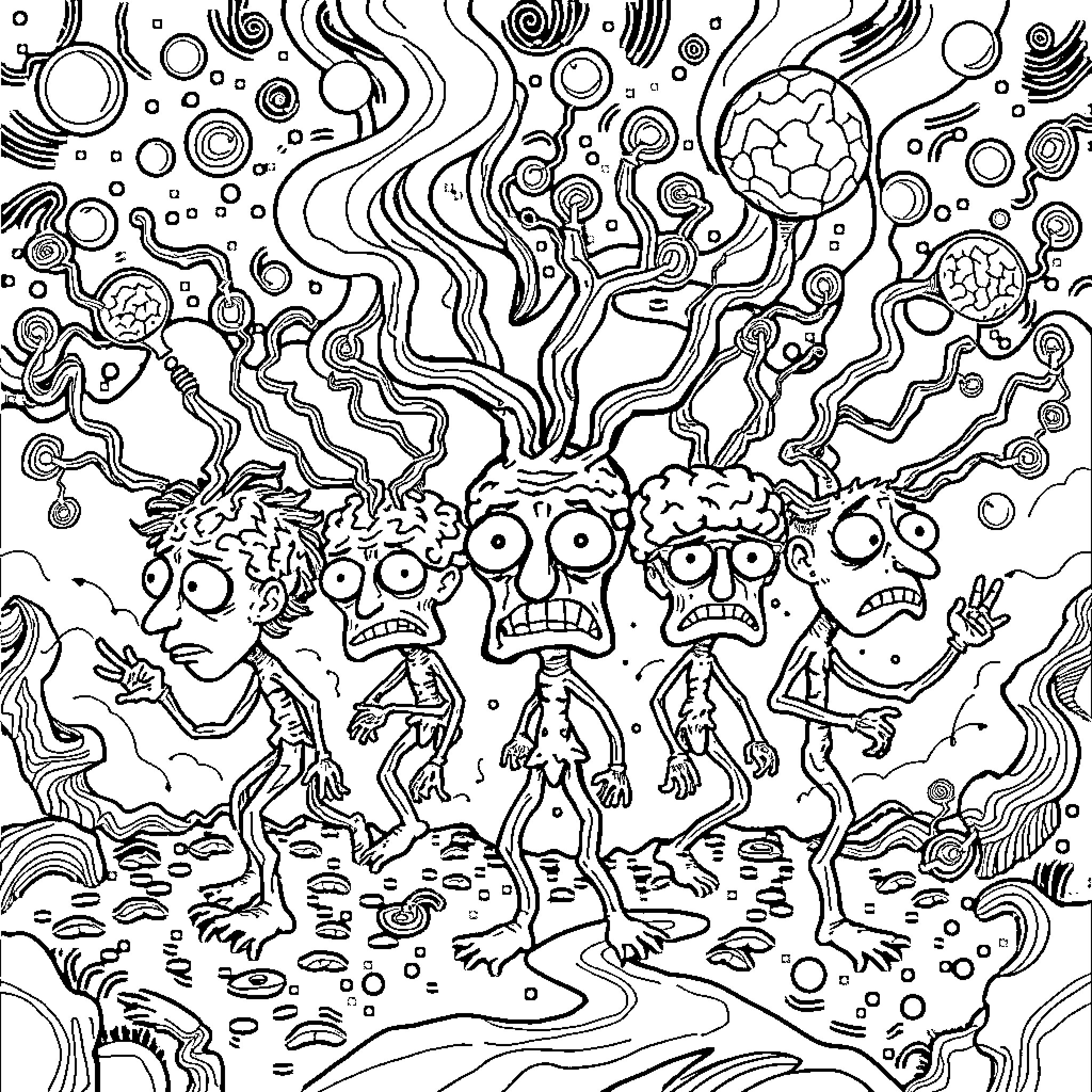 Brainrots dancing in chaotic surreal landscape Coloring Page (free black-and-white line drawing printable PDF for all, from beginners to advanced learners, including children, teens, adults, and seniors)