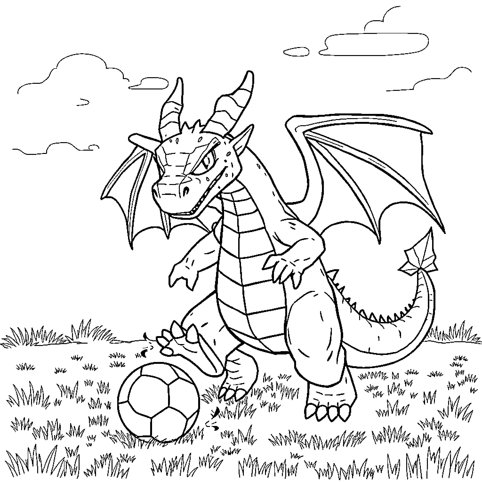 Enderdragon playing with soccer ball in grassy field Coloring Page (free black-and-white line drawing printable PDF for all, from beginners to advanced learners, including children, teens, adults, and seniors)