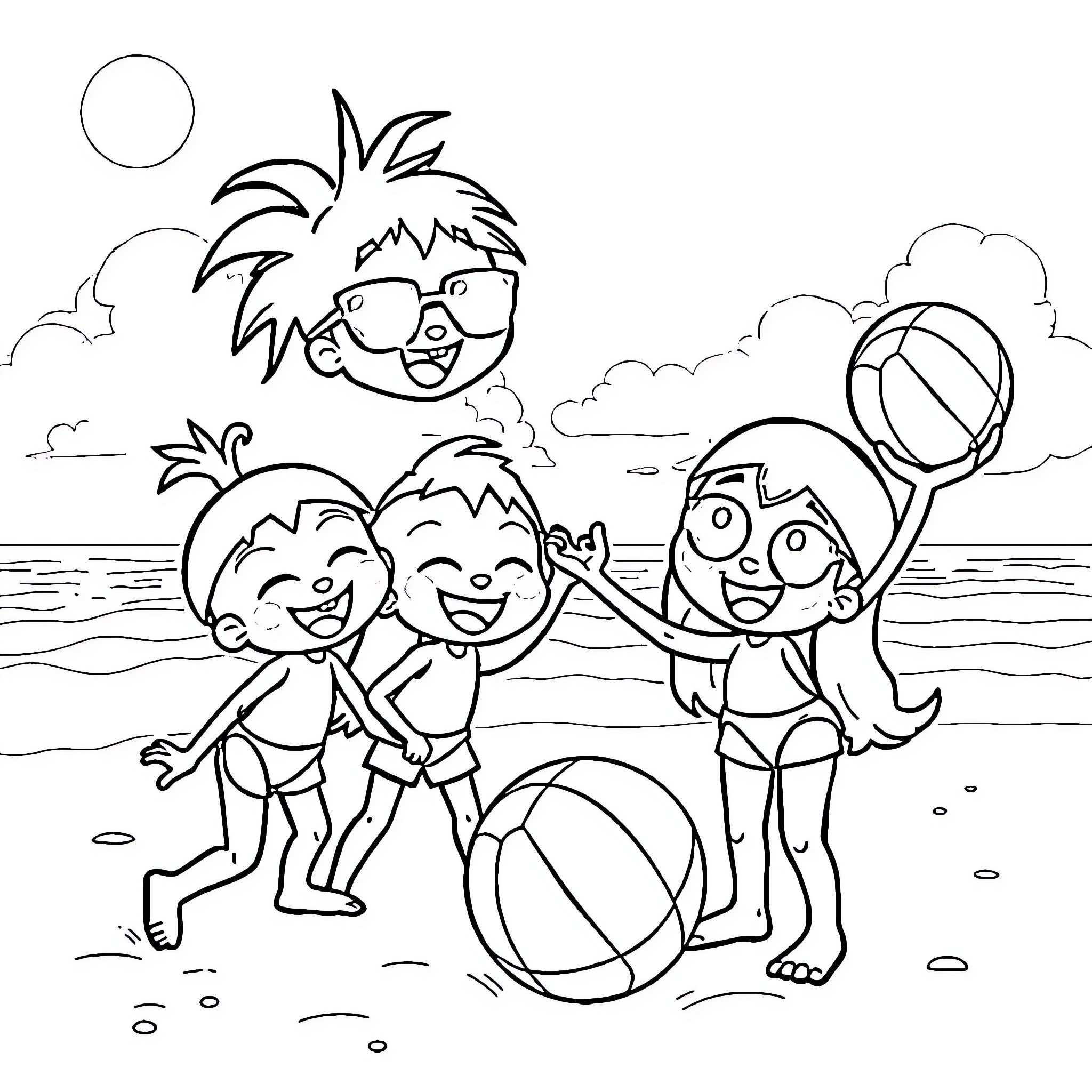 Sprunki playing happily at the beach Coloring Page (free black-and-white line drawing printable PDF for all, from beginners to advanced learners, including children, teens, adults, and seniors)
