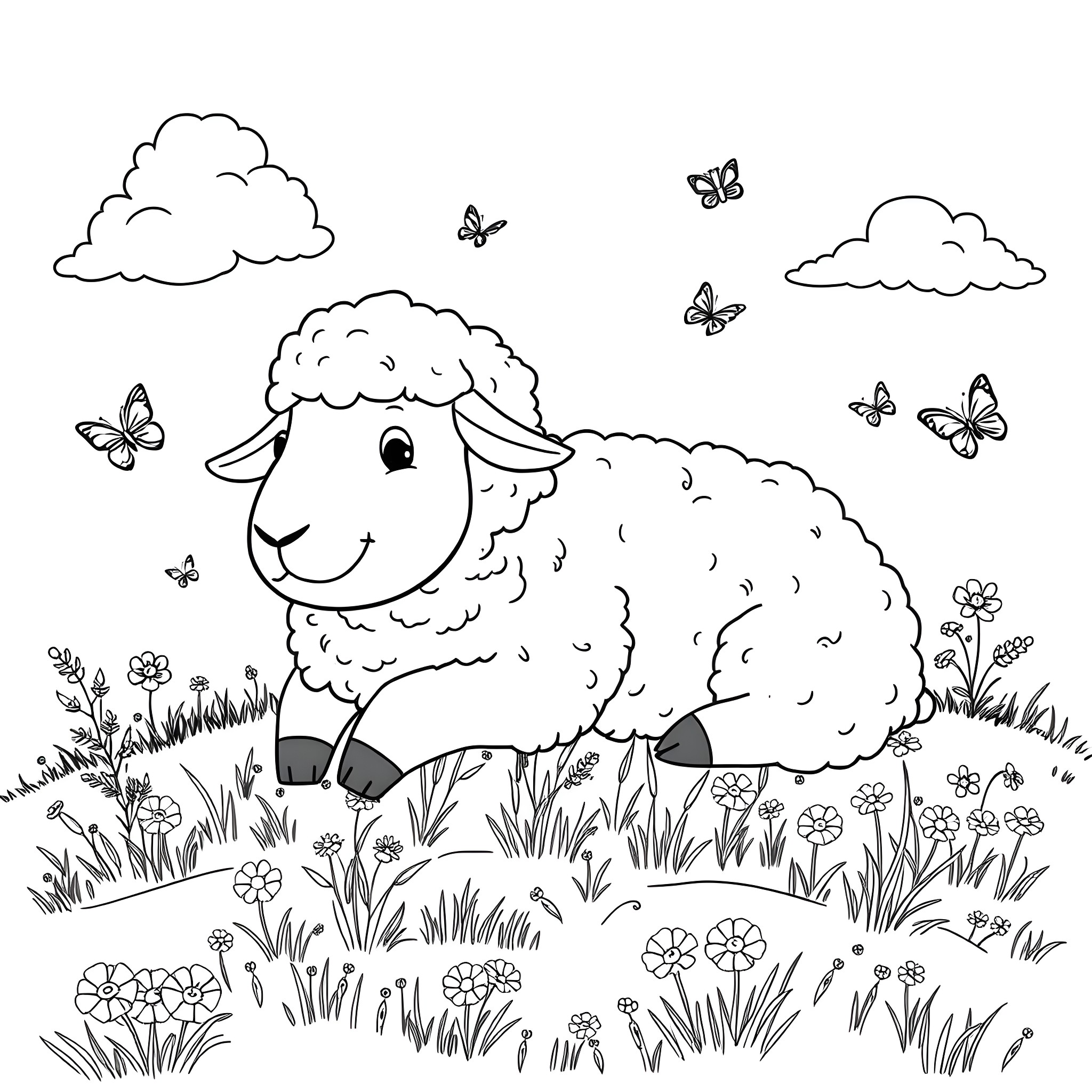 Sheep enjoying a floral meadow with butterflies Coloring Page (free black-and-white line drawing printable PDF for all, from beginners to advanced learners, including children, teens, adults, and seniors)