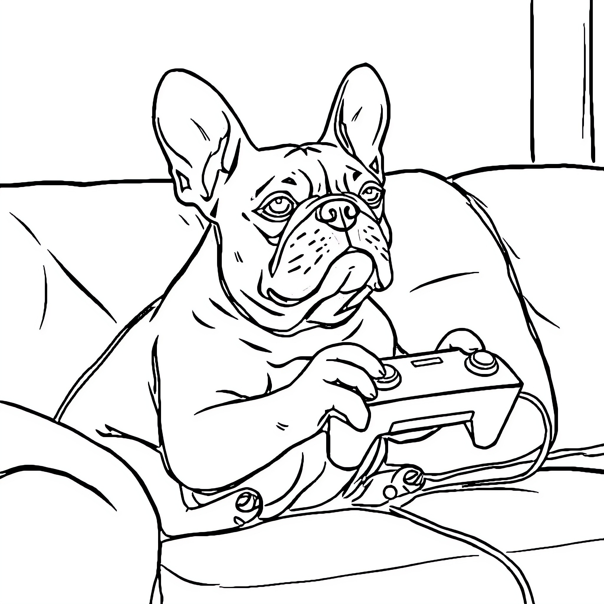 French Bulldog playing video games on the couch Coloring Page (free black-and-white line drawing printable PDF for all, from beginners to advanced learners, including children, teens, adults, and seniors)