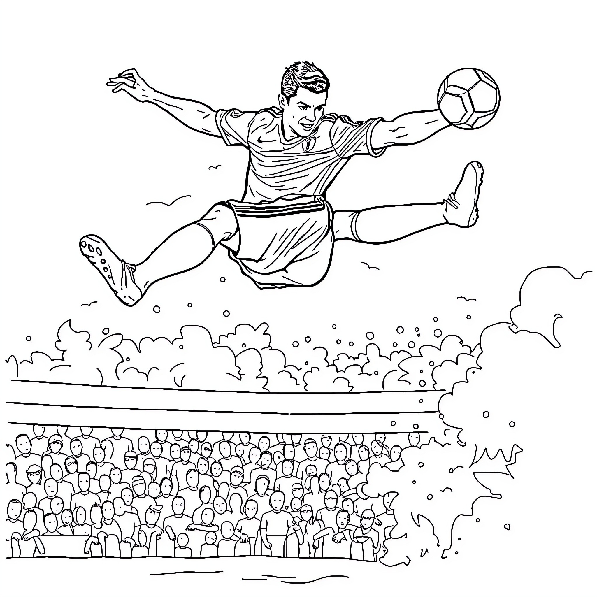Cristiano Ronaldo's Acrobatic Soccer Move Captivates Crowd Coloring Page (free black-and-white line drawing printable PDF for all, from beginners to advanced learners, including children, teens, adults, and seniors)