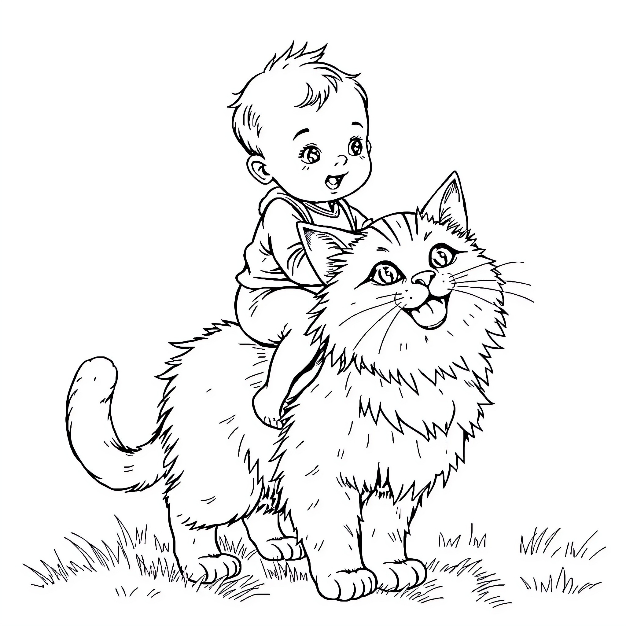 Baby delightfully hugging a friendly cat Coloring Page (free black-and-white line drawing printable PDF for all, from beginners to advanced learners, including children, teens, adults, and seniors)