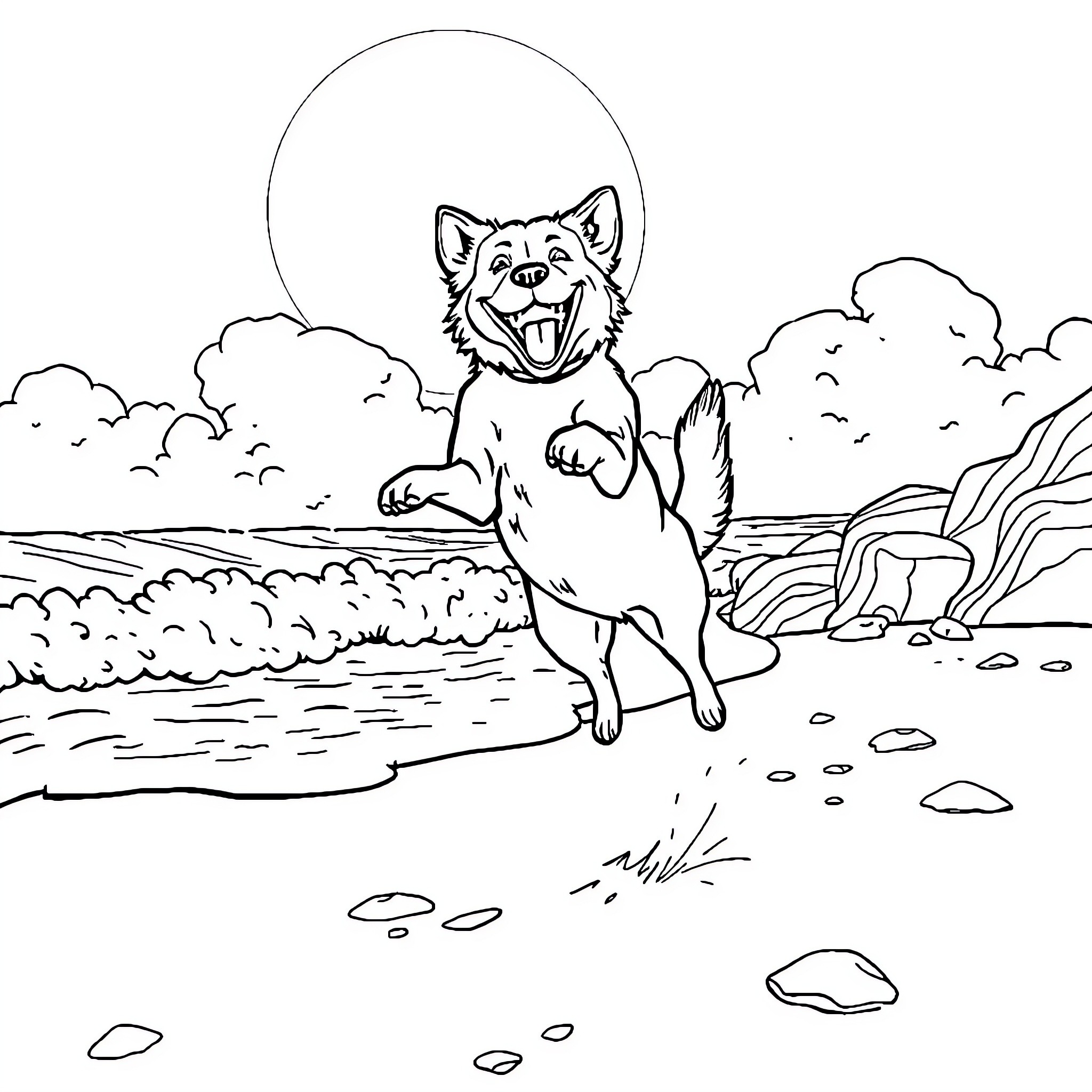 Dog enjoying the beach scenery Coloring Page (free black-and-white line drawing printable PDF for all, from beginners to advanced learners, including children, teens, adults, and seniors)