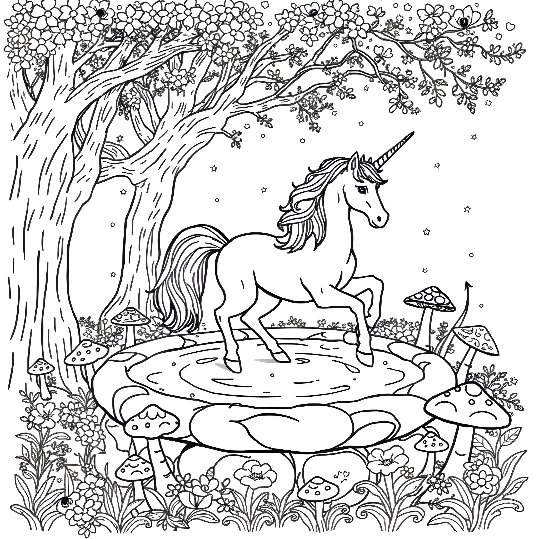 Unicorn in a Magical Forest Coloring Page (free black-and-white line drawing printable PDF for all, from beginners to advanced learners, including children, teens, adults, and seniors)