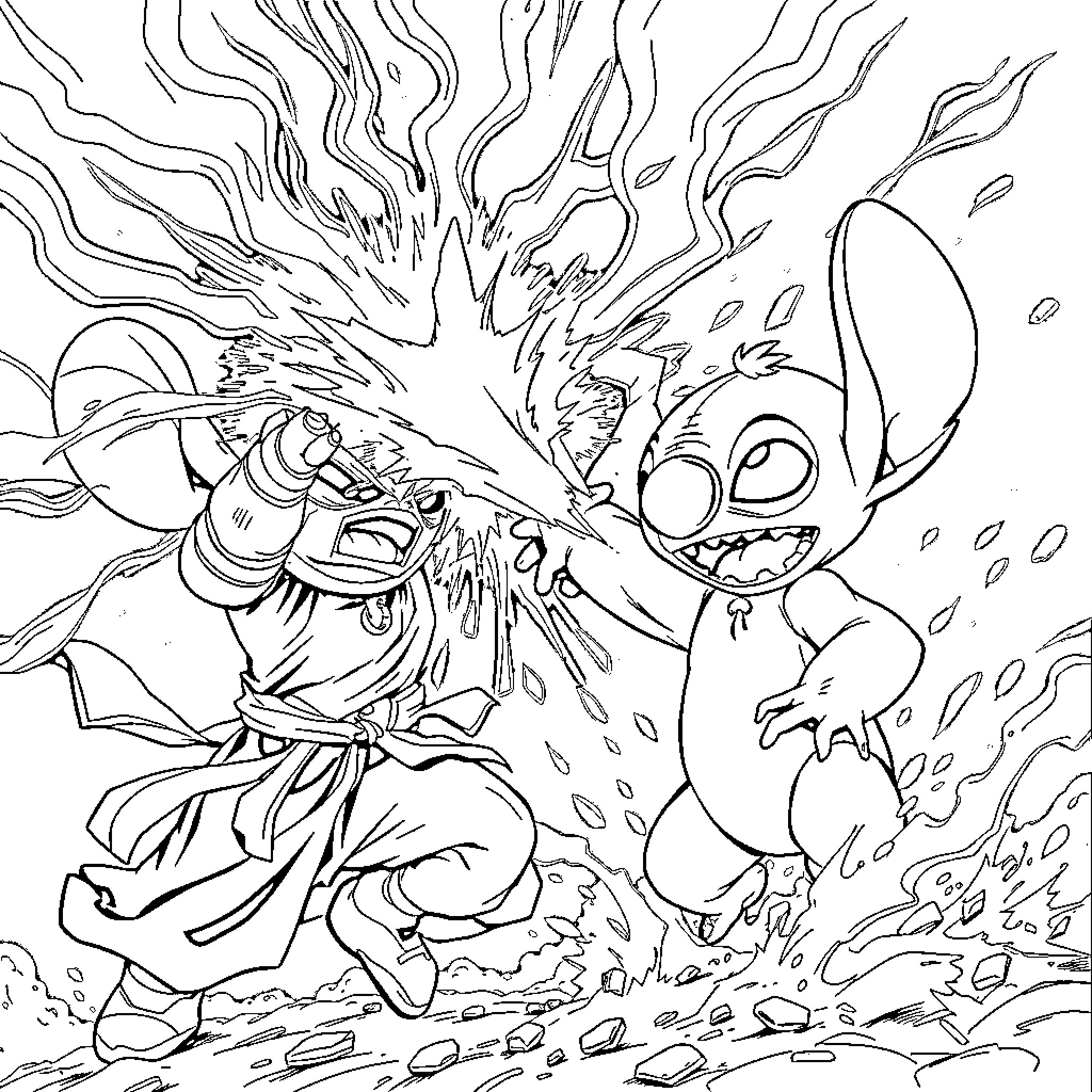 Sangoku characters in an intense battle scene Coloring Page (free black-and-white line drawing printable PDF for all, from beginners to advanced learners, including children, teens, adults, and seniors)