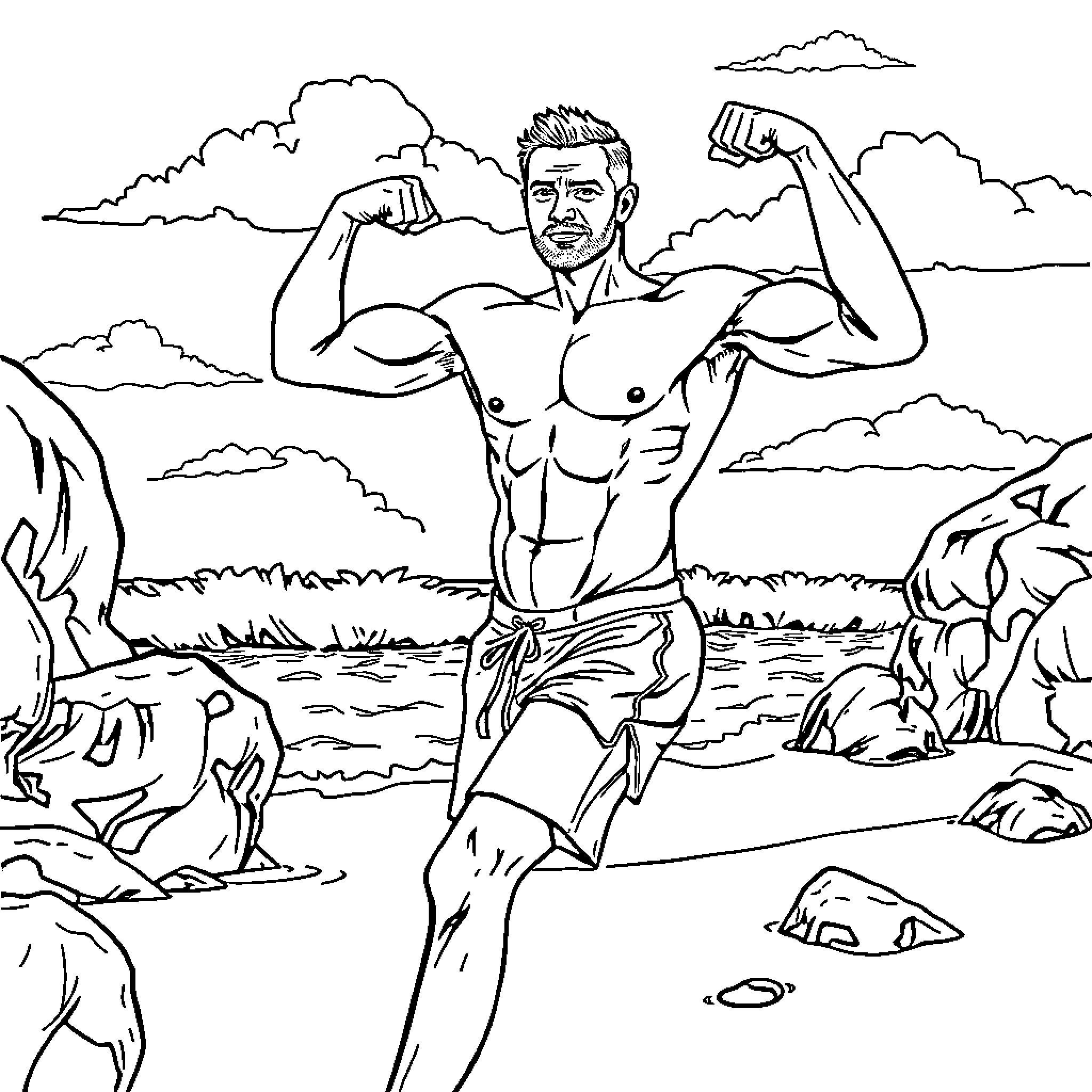 Man flexing muscles in outdoor scenic setting Coloring Page (free black-and-white line drawing printable PDF for all, from beginners to advanced learners, including children, teens, adults, and seniors)
