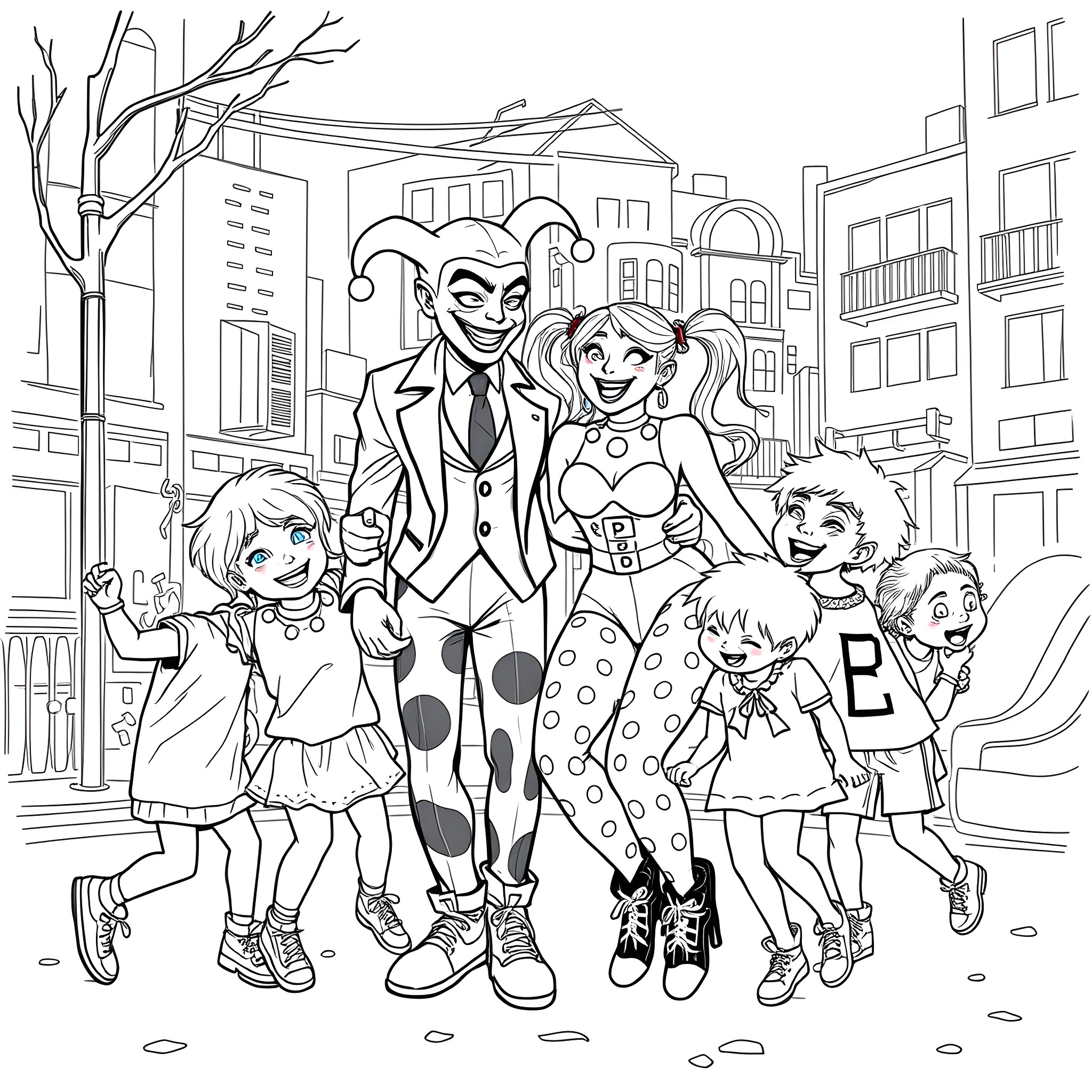 Harley Quinn and her gang in playful city scene Coloring Page (free black-and-white line drawing printable PDF for all, from beginners to advanced learners, including children, teens, adults, and seniors)