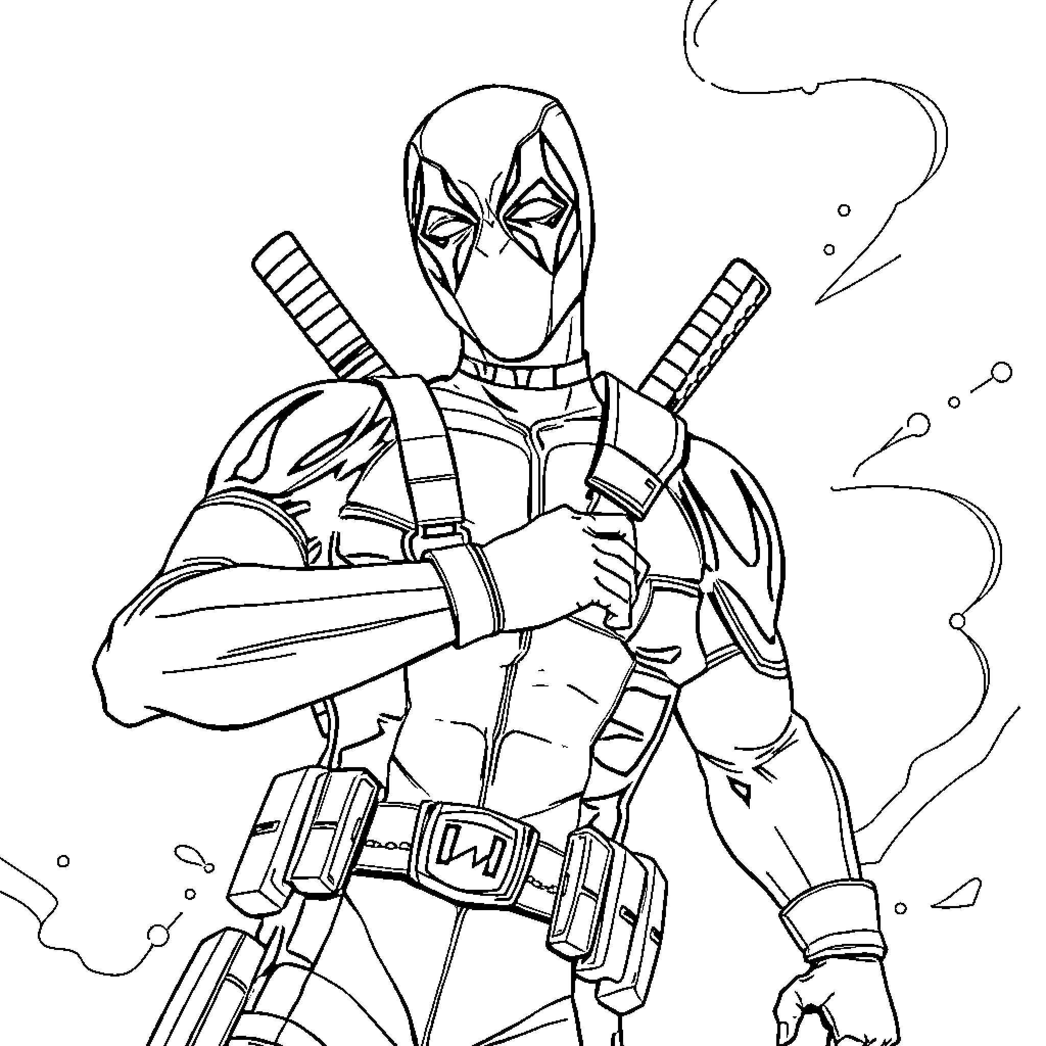 Deadpool wielding weapons in action pose Coloring Page (free black-and-white line drawing printable PDF for all, from beginners to advanced learners, including children, teens, adults, and seniors)