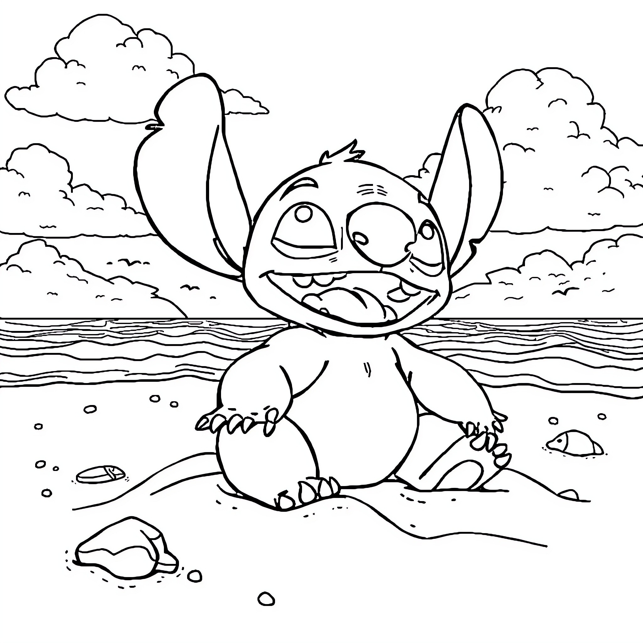 Stitch enjoying the beach scenery Coloring Page (free black-and-white line drawing printable PDF for all, from beginners to advanced learners, including children, teens, adults, and seniors)