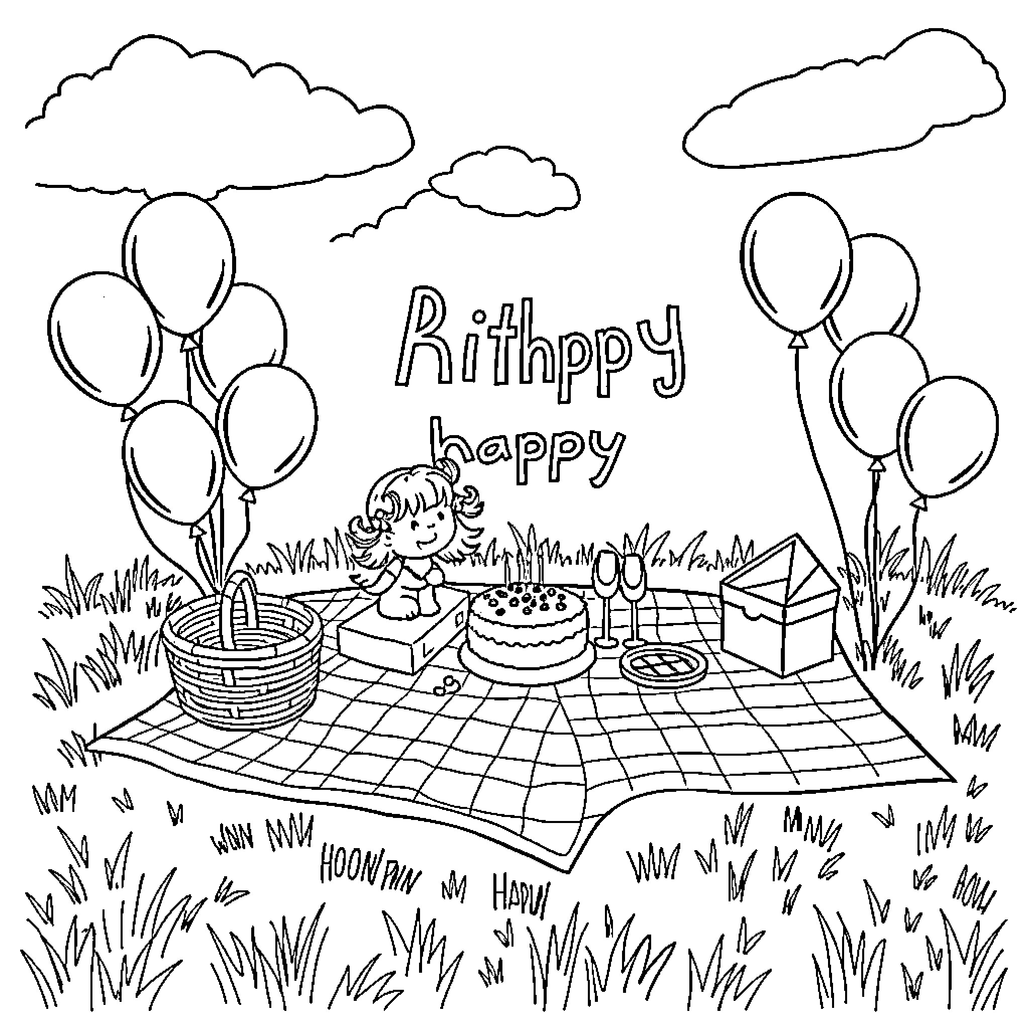 Birthday celebration with balloons and cake in the park Coloring Page (free black-and-white line drawing printable PDF for all, from beginners to advanced learners, including children, teens, adults, and seniors)