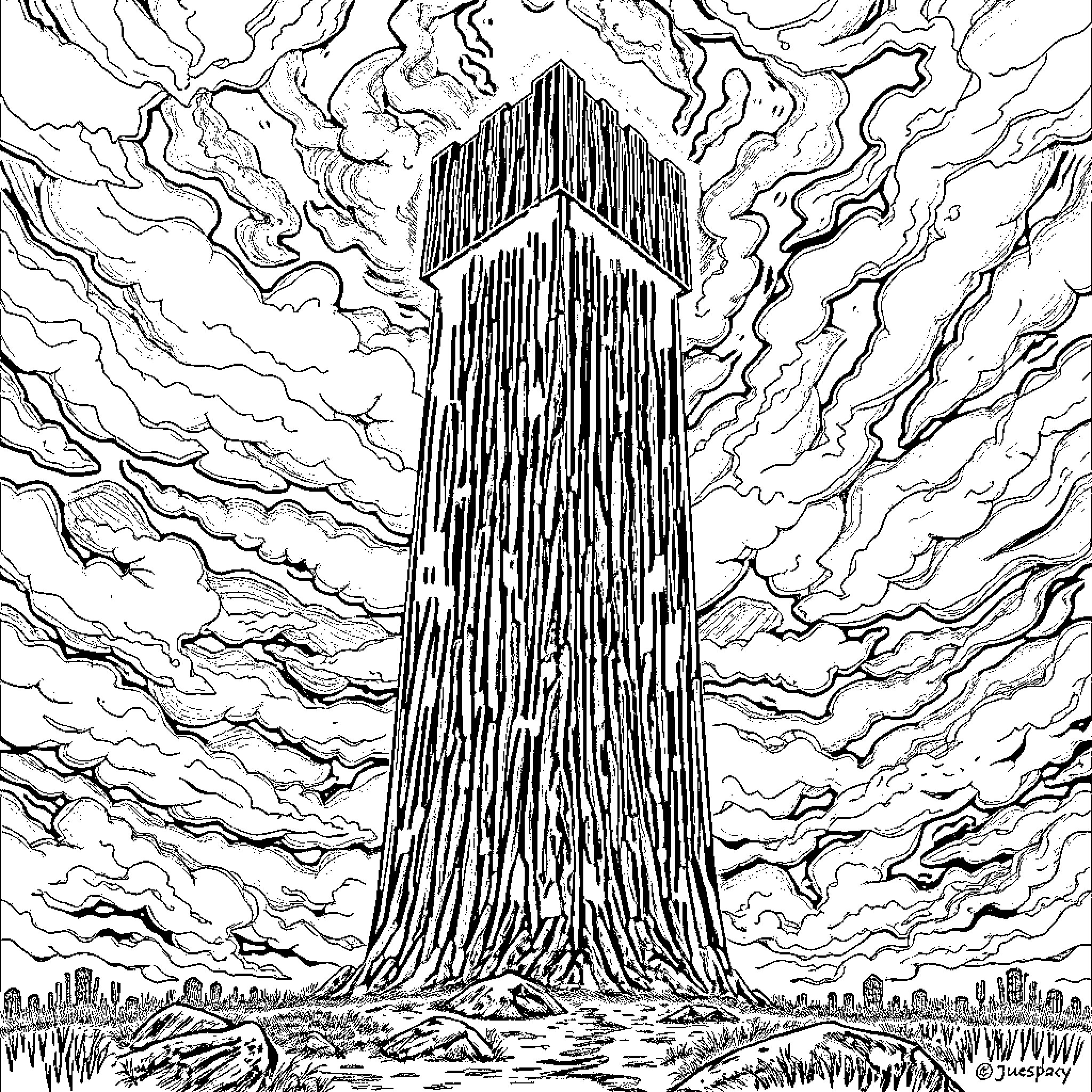 Tower of Smoke and Shadows Coloring Page (free black-and-white line drawing printable PDF for all, from beginners to advanced learners, including children, teens, adults, and seniors)