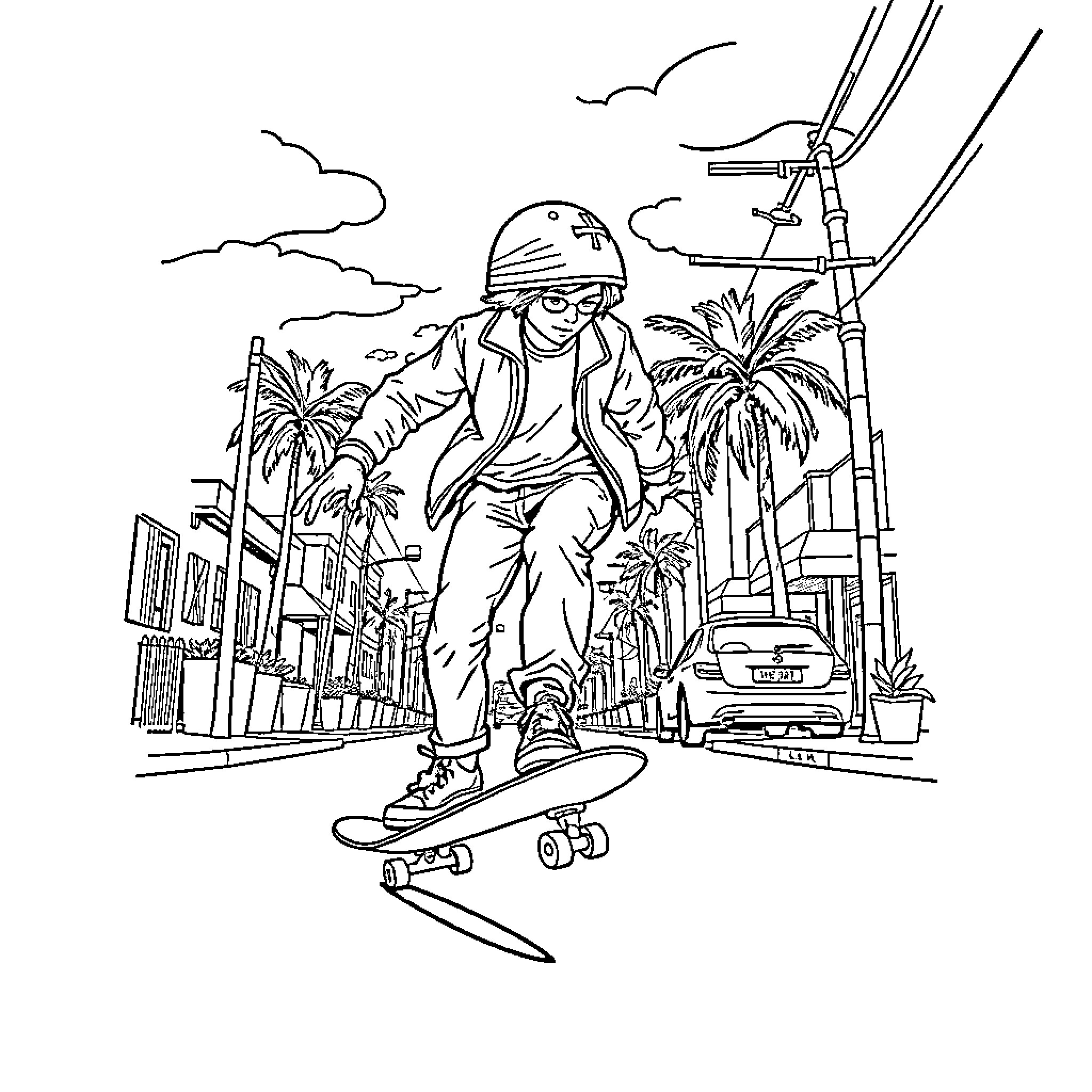 Stranger Things Character Skateboarding in the City Coloring Page (free black-and-white line drawing printable PDF for all, from beginners to advanced learners, including children, teens, adults, and seniors)