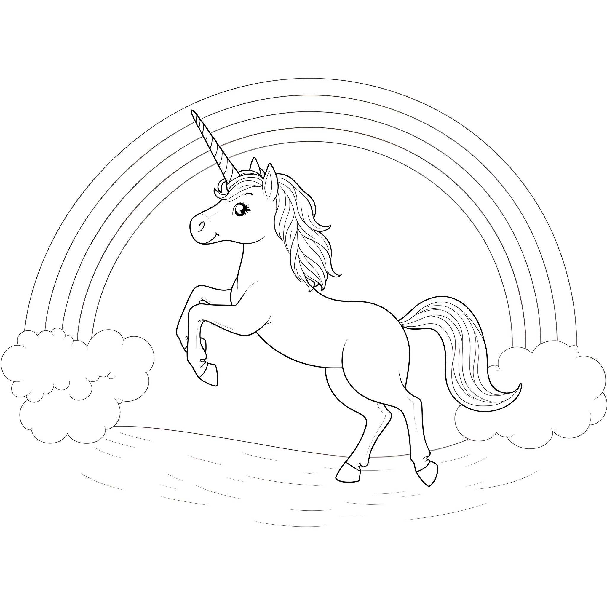 Unicorn galloping through a magical rainbow Coloring Page (free black-and-white line drawing printable PDF for all, from beginners to advanced learners, including children, teens, adults, and seniors)