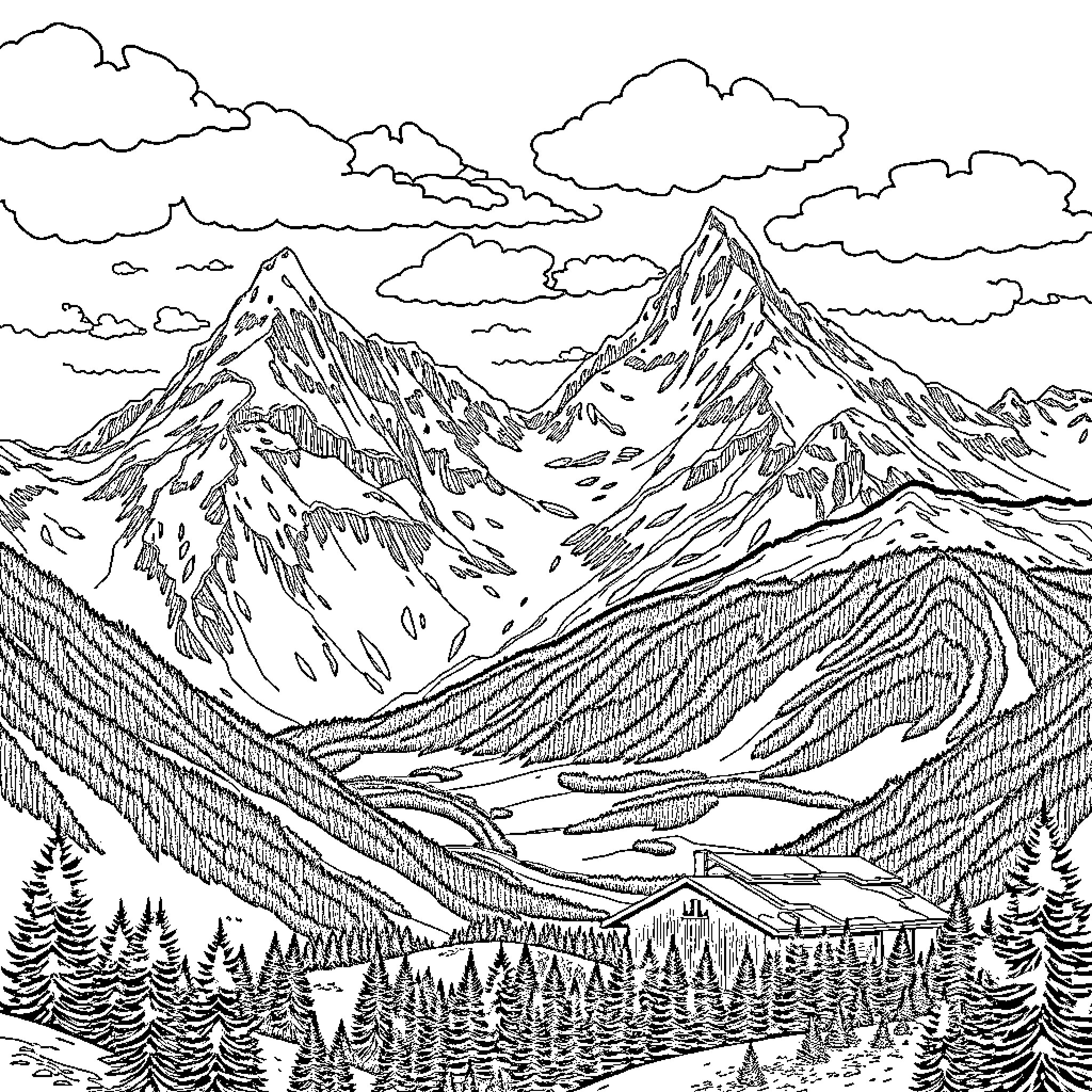 Alps landscape with majestic snow-capped mountains Coloring Page (free black-and-white line drawing printable PDF for all, from beginners to advanced learners, including children, teens, adults, and seniors)