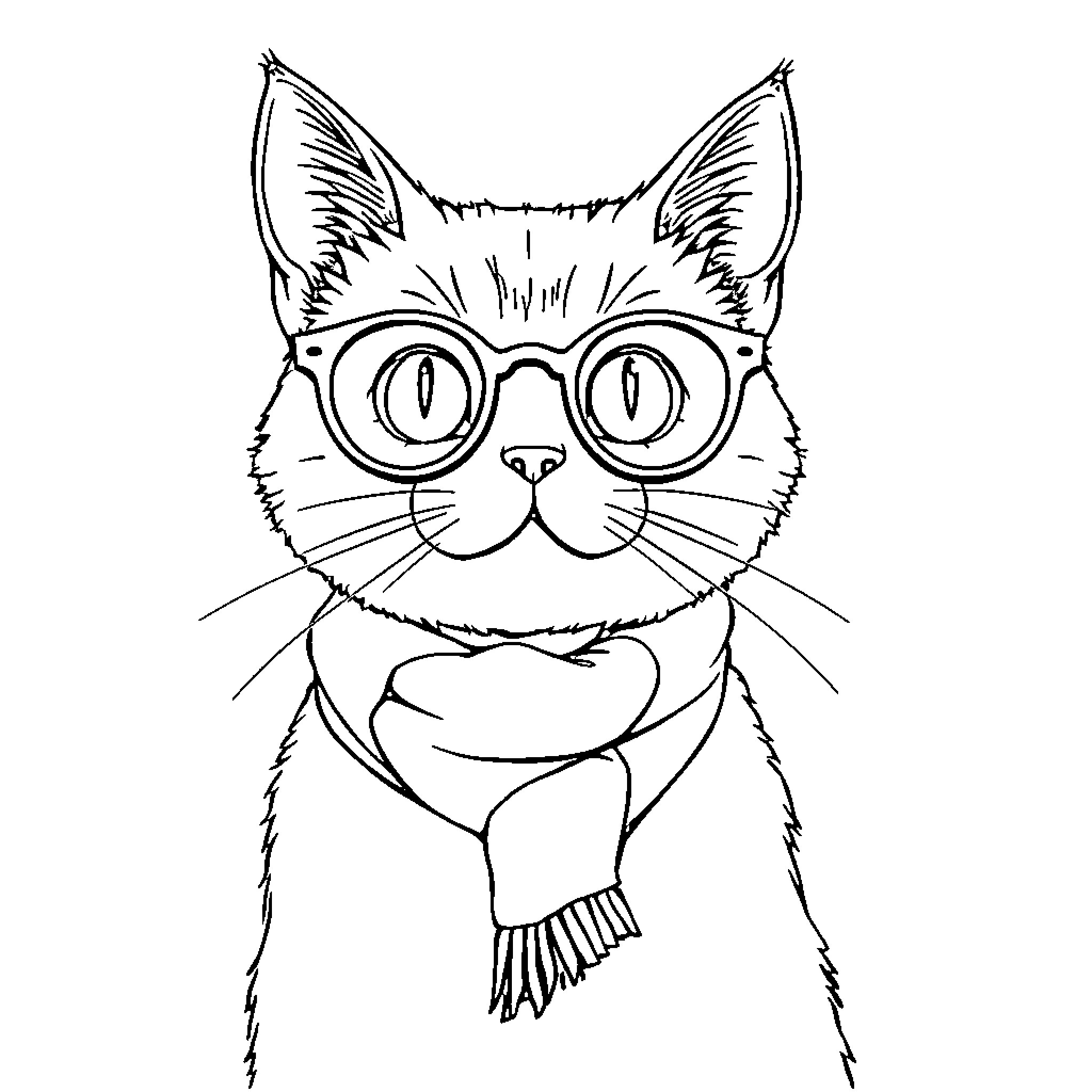 Cat wearing glasses and scarf Coloring Page (free black-and-white line drawing printable PDF for all, from beginners to advanced learners, including children, teens, adults, and seniors)