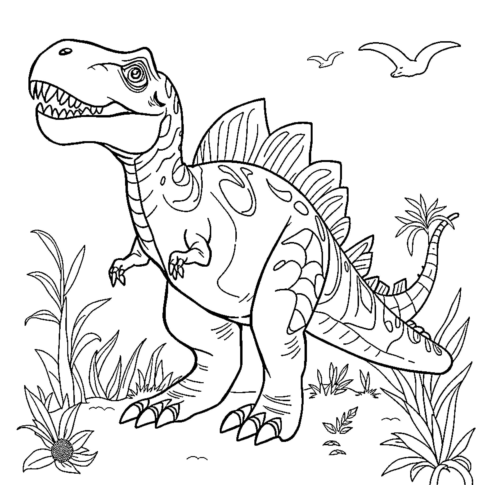 Dinosaur roaring amidst tropical foliage Coloring Page (free black-and-white line drawing printable PDF for all, from beginners to advanced learners, including children, teens, adults, and seniors)