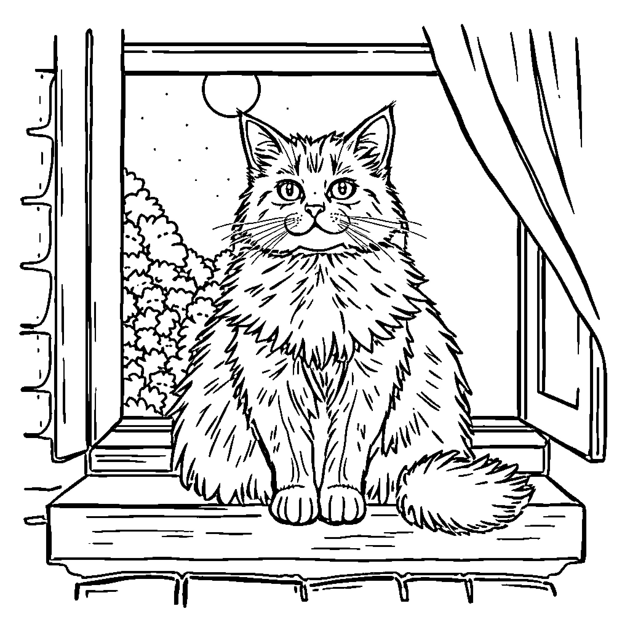 Cat gazing out the window Coloring Page (free black-and-white line drawing printable PDF for all, from beginners to advanced learners, including children, teens, adults, and seniors)