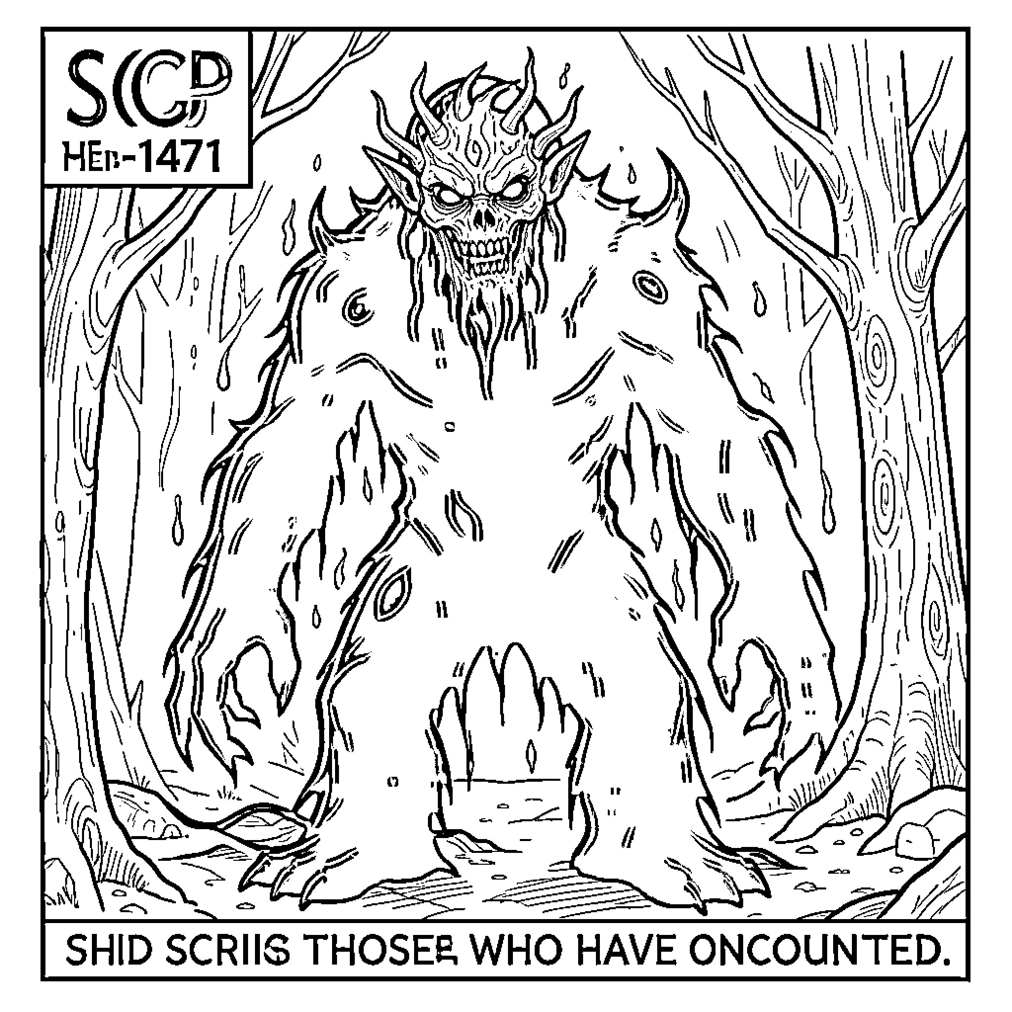 SCP-1471 MalO standing menacingly in a forest Coloring Page (free black-and-white line drawing printable PDF for all, from beginners to advanced learners, including children, teens, adults, and seniors)