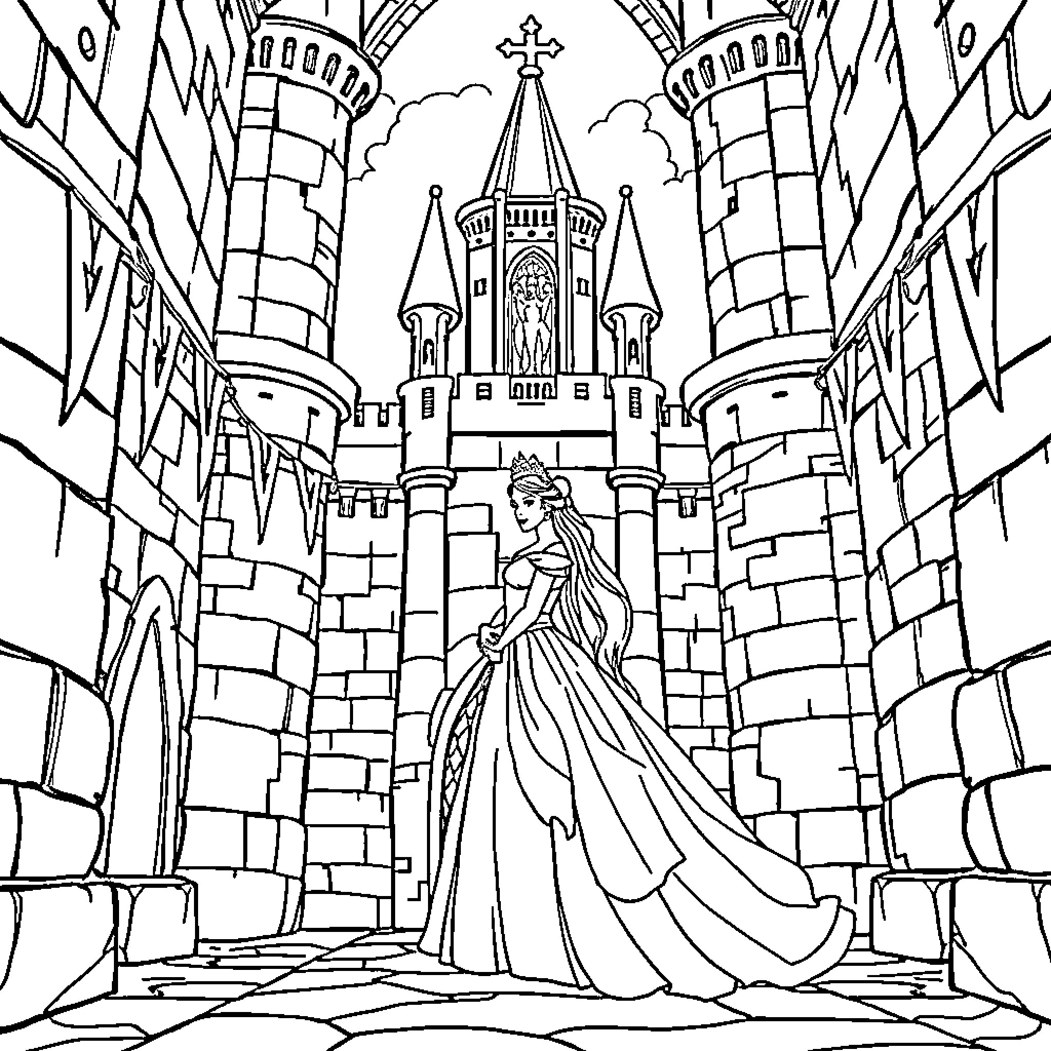 Princess in a grand castle courtyard Coloring Page (free black-and-white line drawing printable PDF for all, from beginners to advanced learners, including children, teens, adults, and seniors)