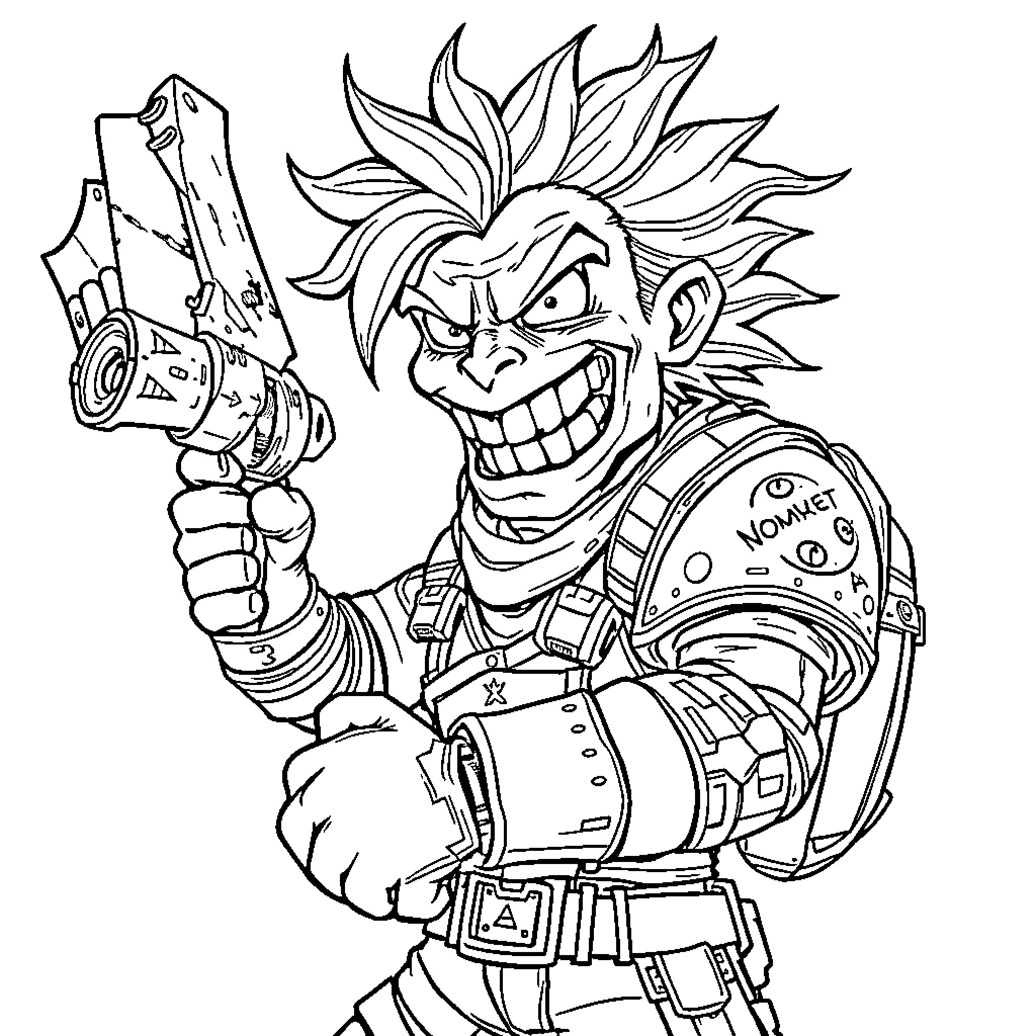 Psycho Villain Wielding a Futuristic Weapon Coloring Page (free black-and-white line drawing printable PDF for all, from beginners to advanced learners, including children, teens, adults, and seniors)