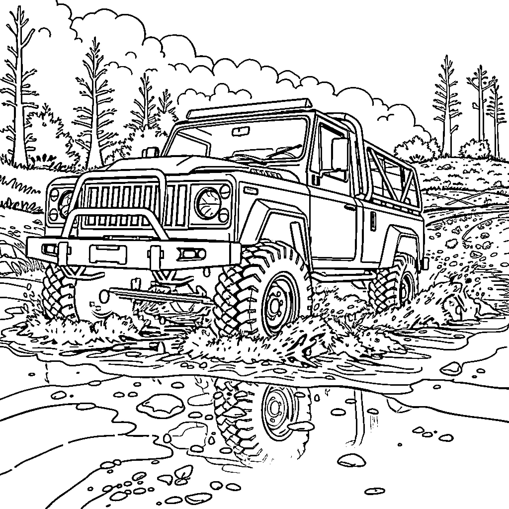 Truck traversing rugged off-road terrain Coloring Page (free black-and-white line drawing printable PDF for all, from beginners to advanced learners, including children, teens, adults, and seniors)