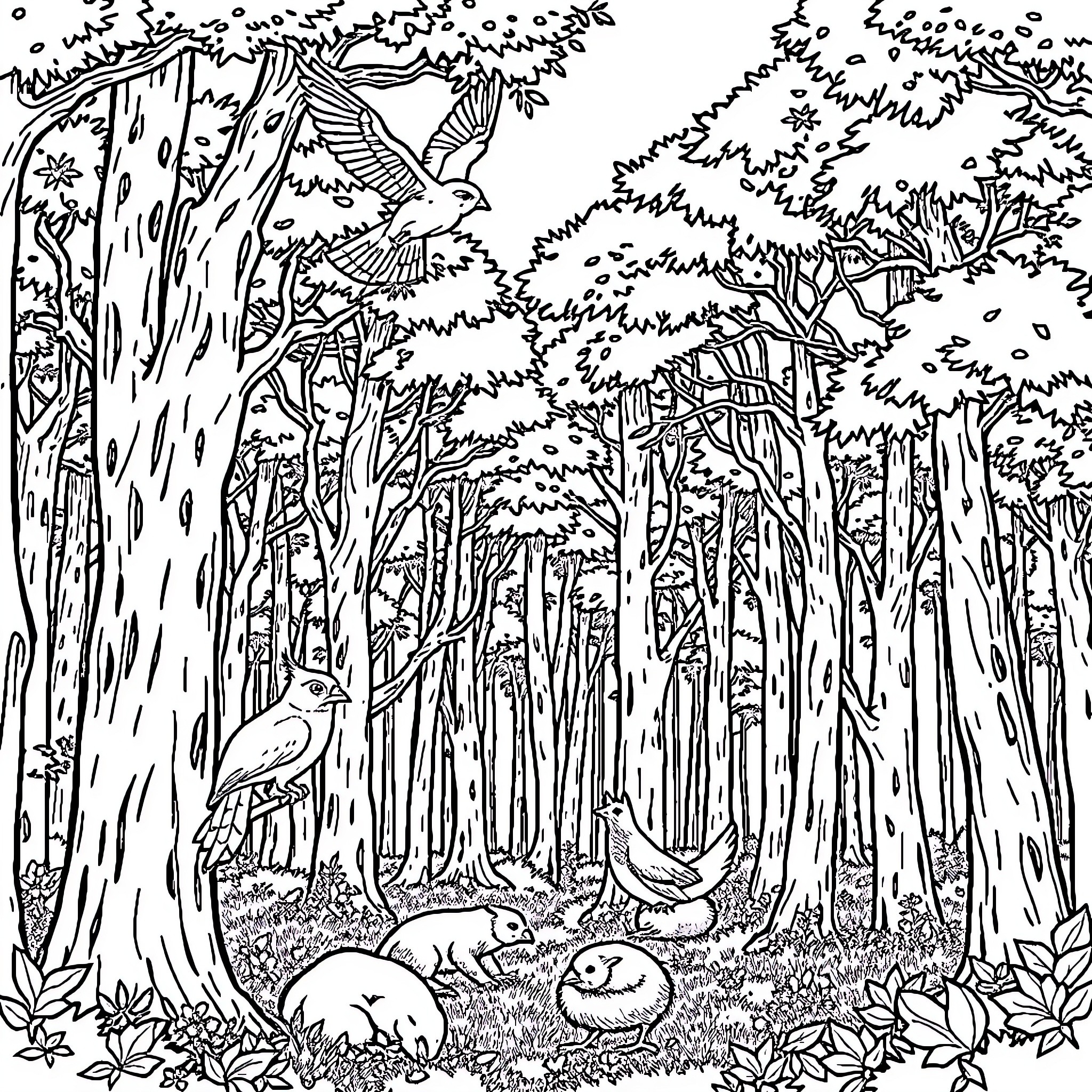 Forest Animal Tranquil Nature Scene Coloring Page (free black-and-white line drawing printable PDF for all, from beginners to advanced learners, including children, teens, adults, and seniors)