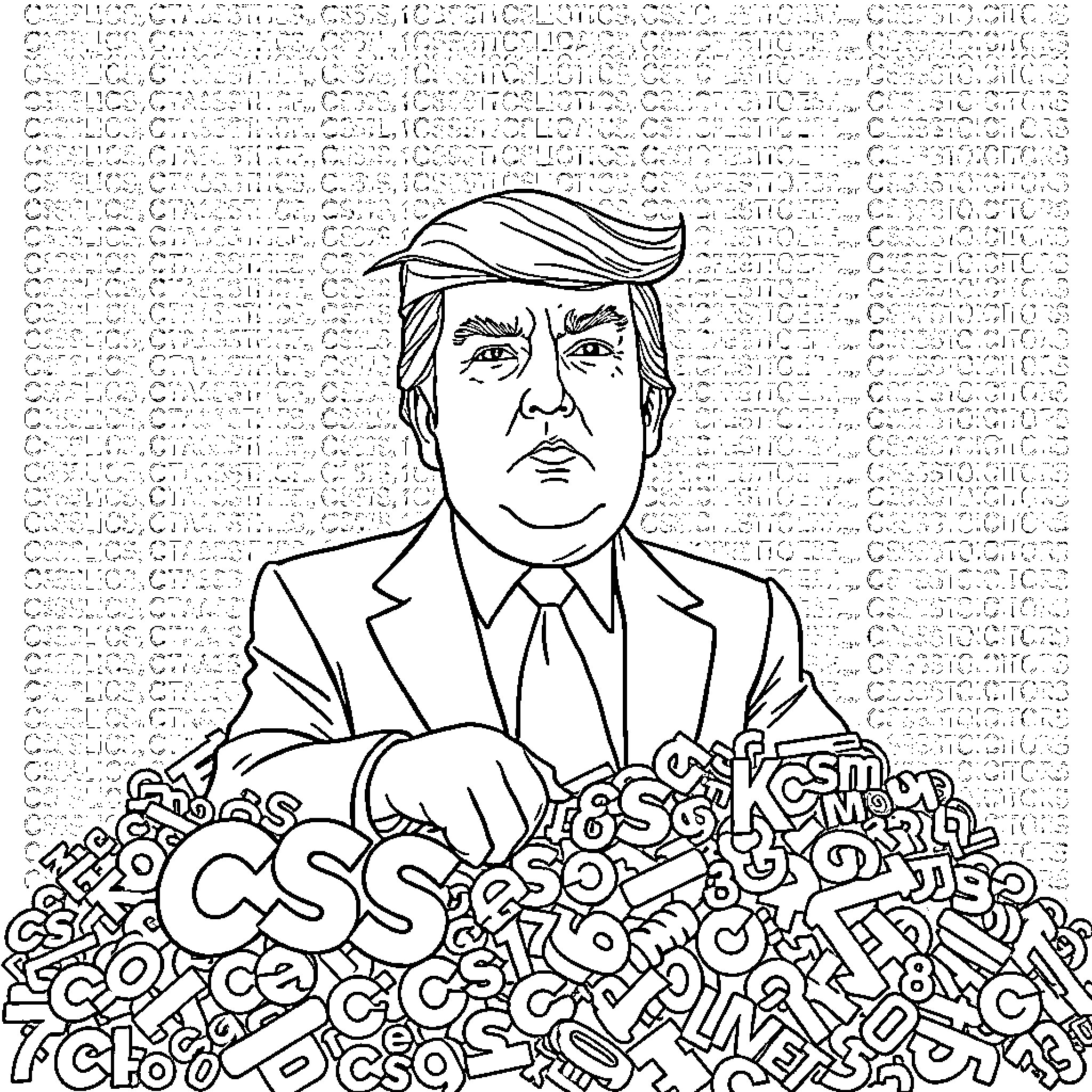 Donald Trump Surrounded by Political Jargon and Controversy Coloring Page (free black-and-white line drawing printable PDF for all, from beginners to advanced learners, including children, teens, adults, and seniors)