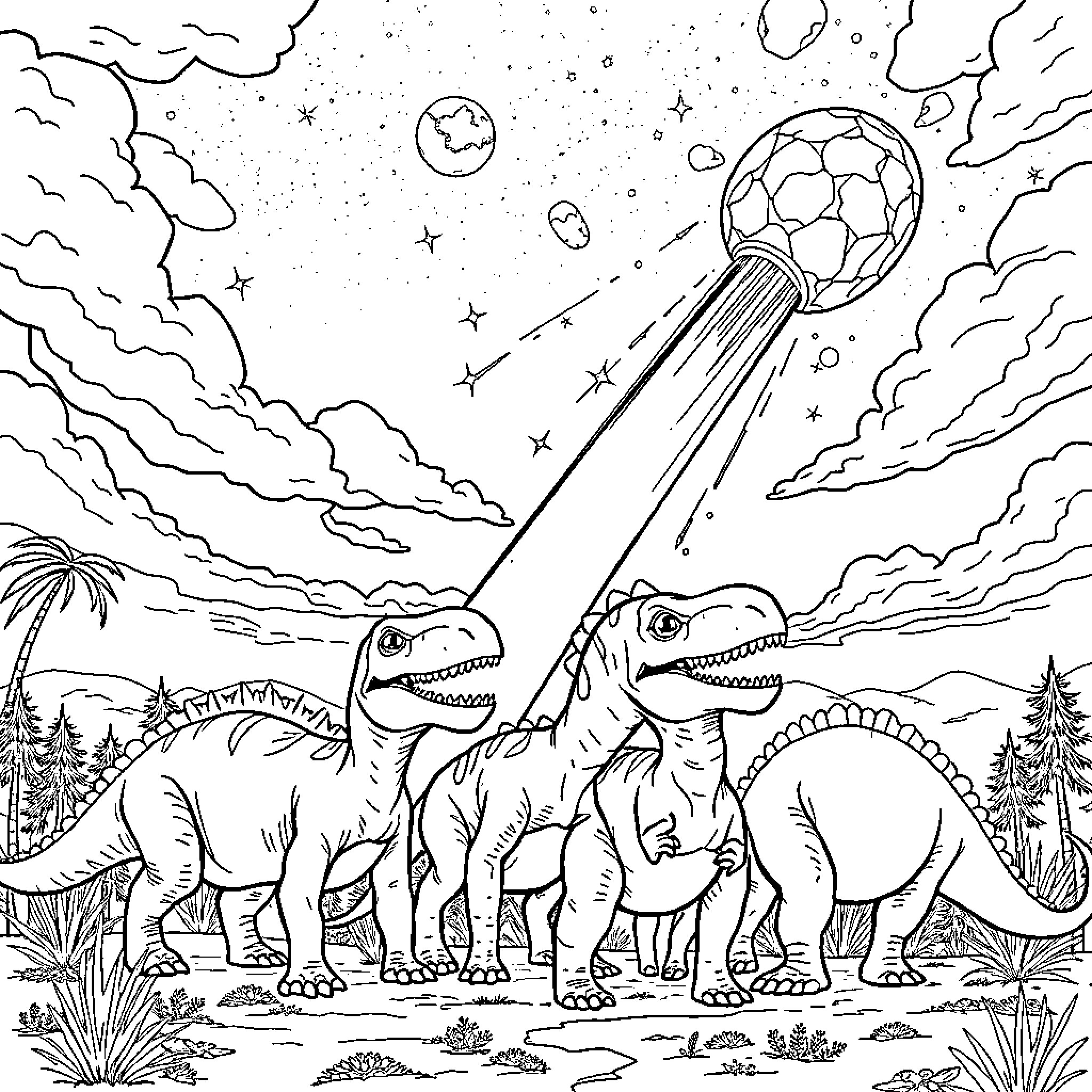 Dinosaurs exploring the cosmic landscape Coloring Page (free black-and-white line drawing printable PDF for all, from beginners to advanced learners, including children, teens, adults, and seniors)
